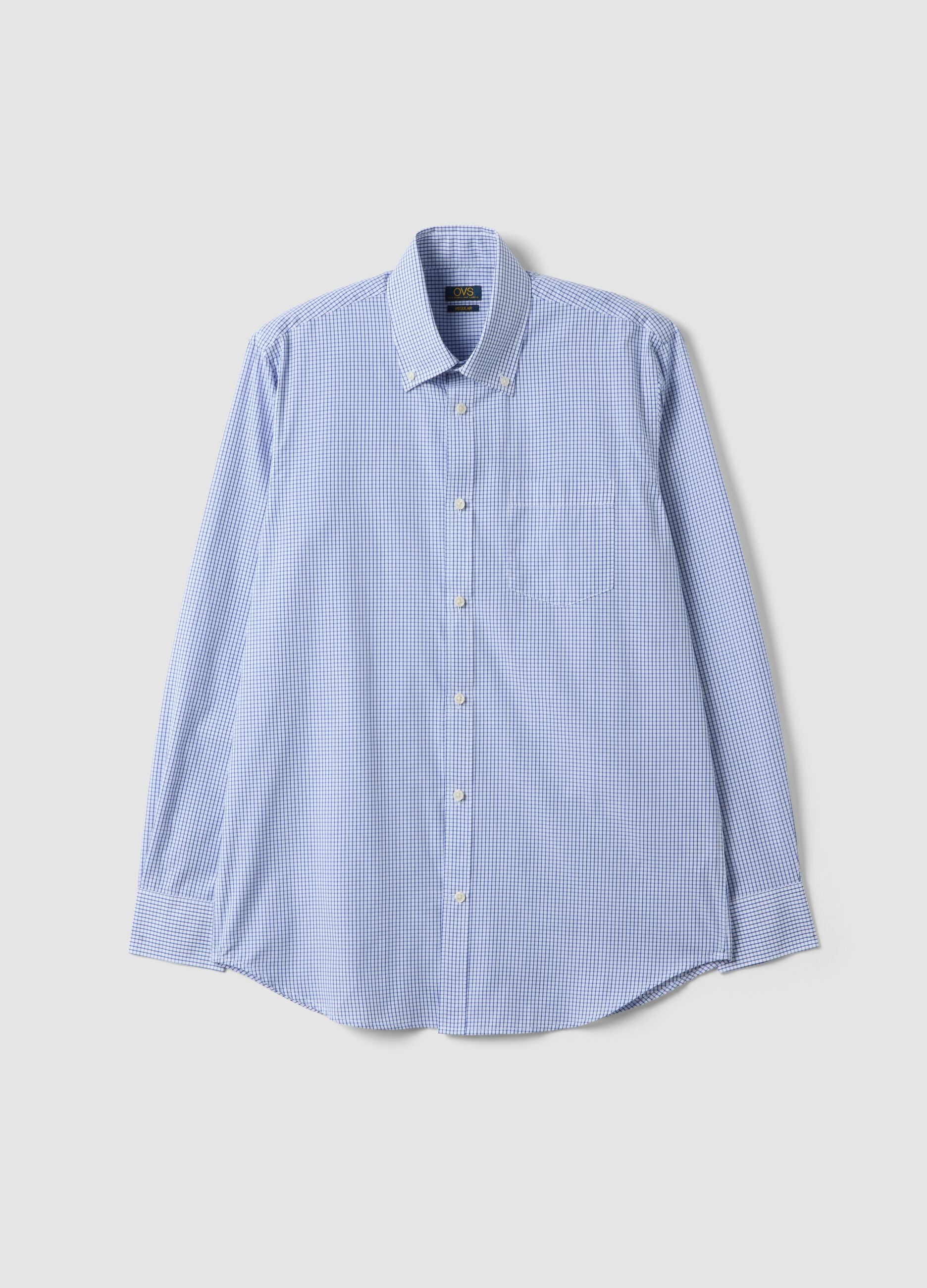 Light blue cotton-blend checked easy-iron regular-fit shirt