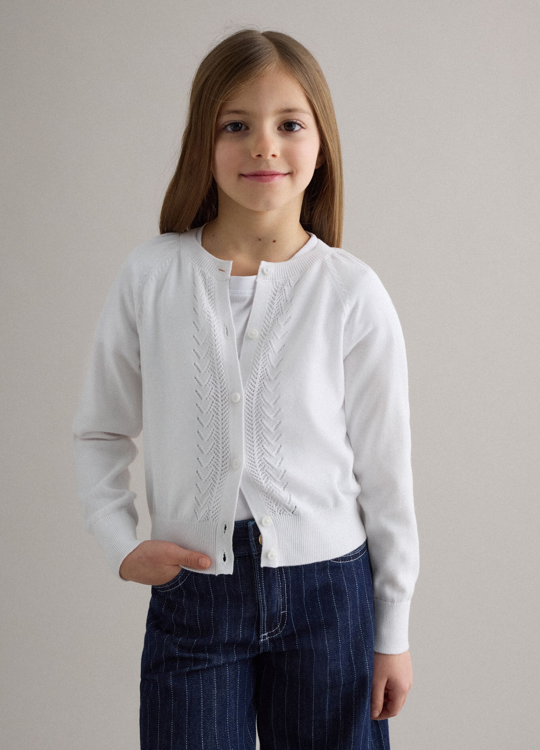 Girl's pure white cotton cardigan regular fit with cable knit