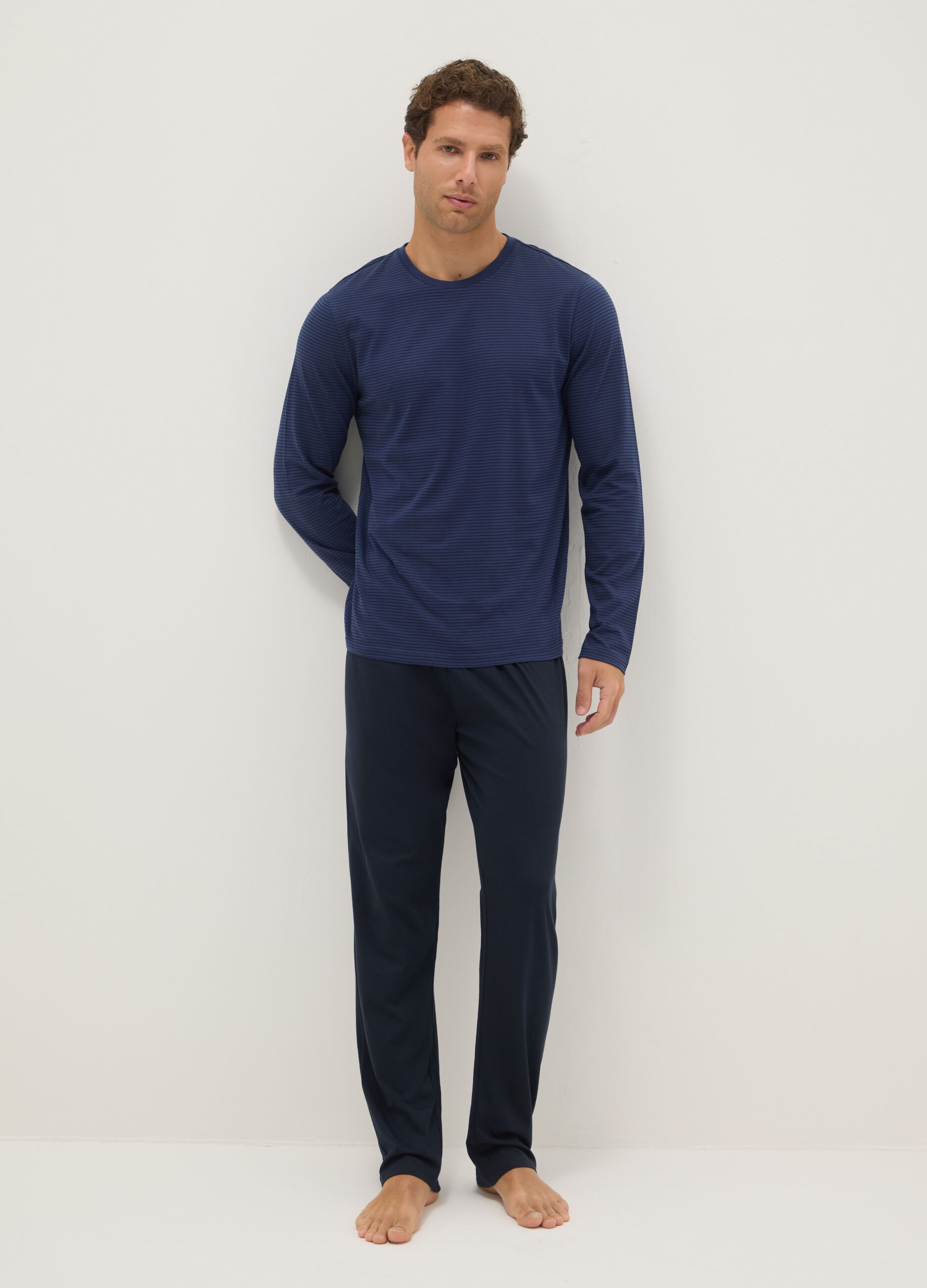 Long blue pyjamas in pure cotton, regular fit