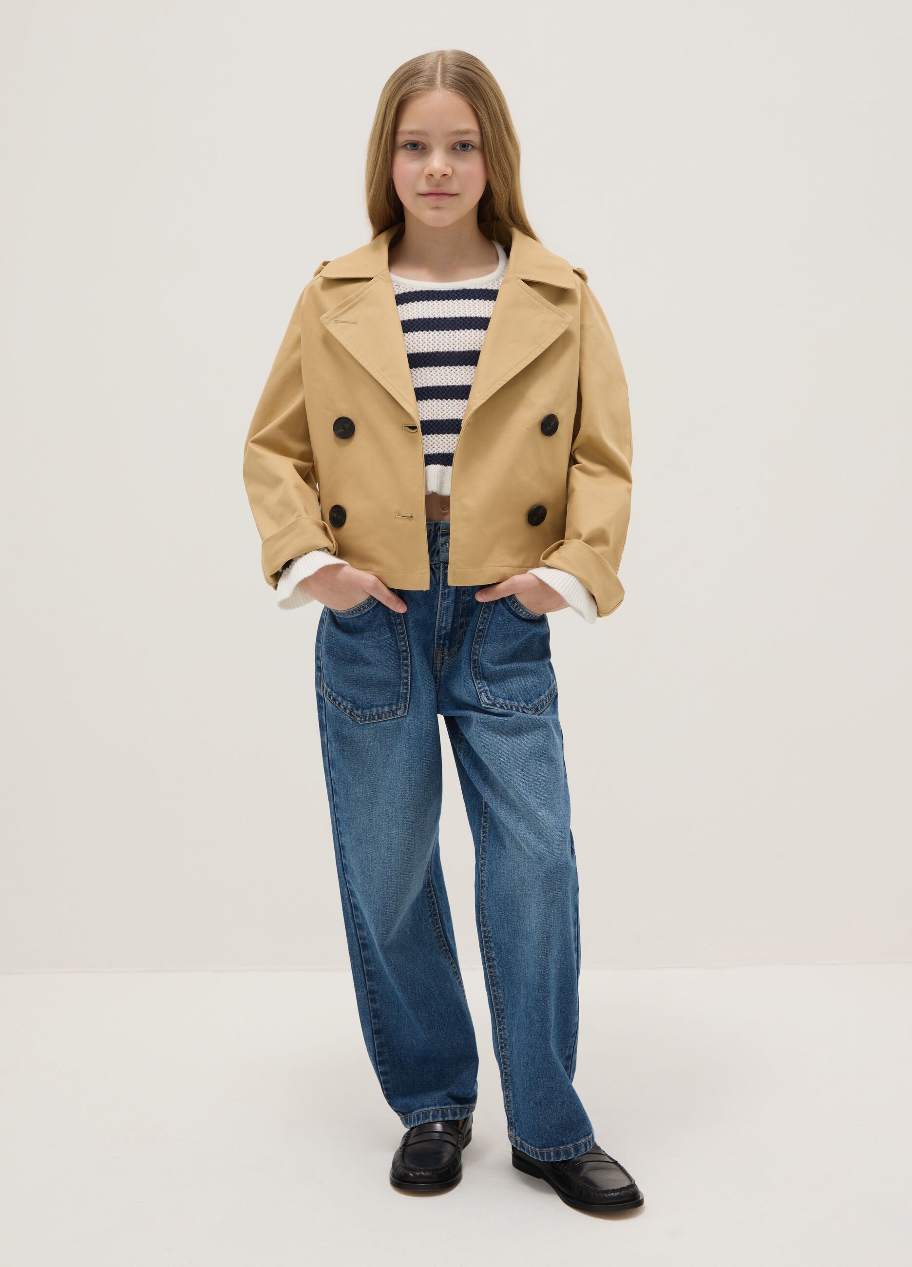 Girls' pure cotton blue paper bag jeans