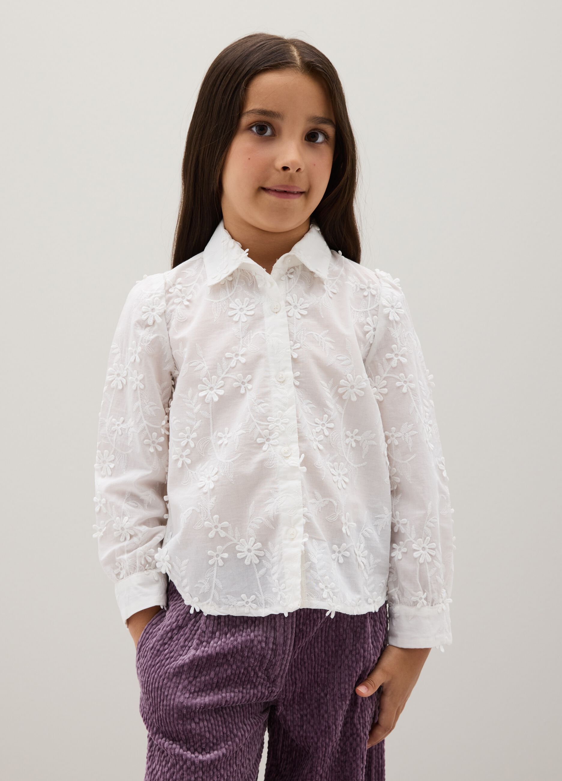 Girl's White Cotton Shirt Regular Fit