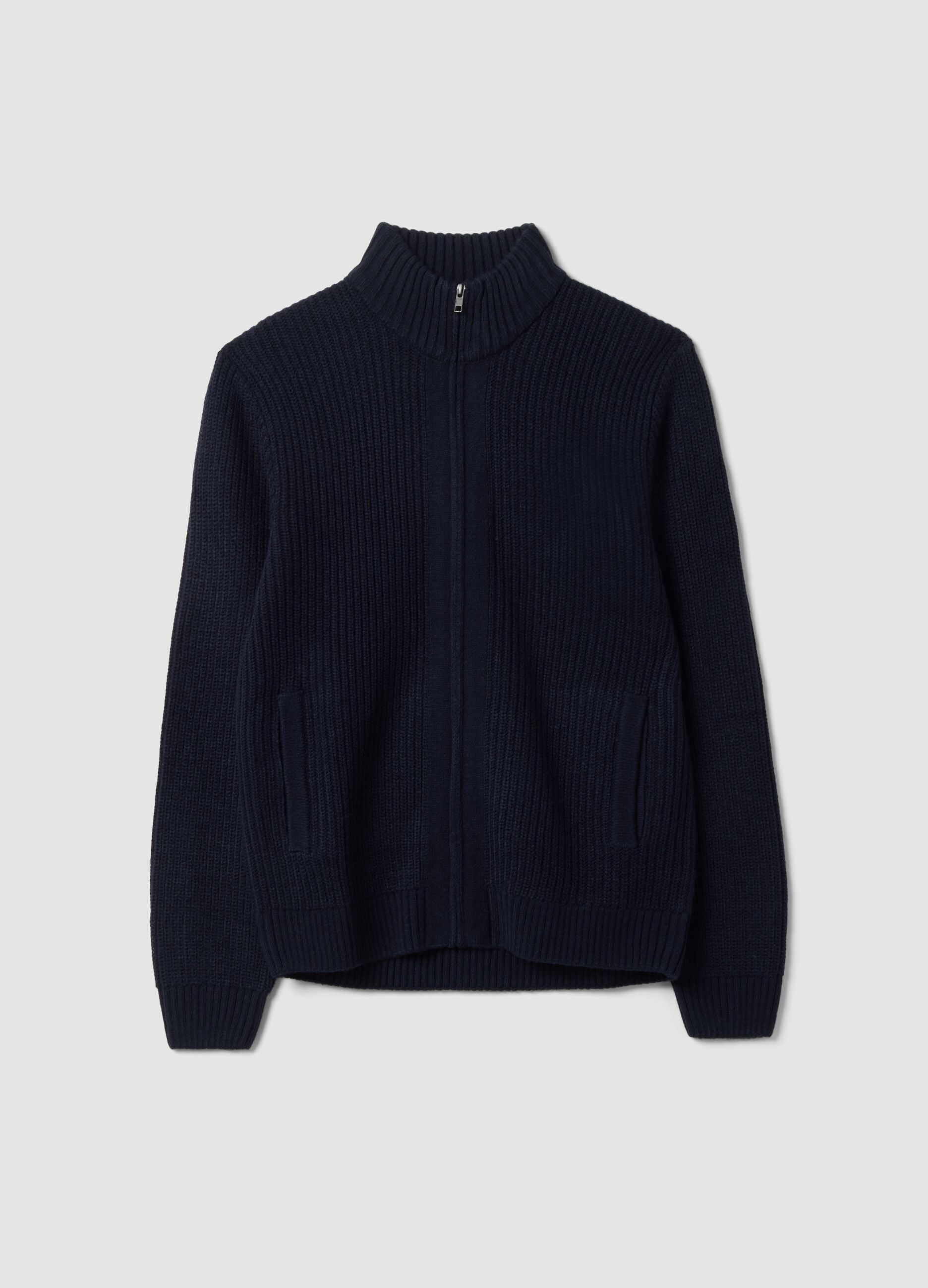 Navy rib-knit cardigan with collar and zip, regular fit