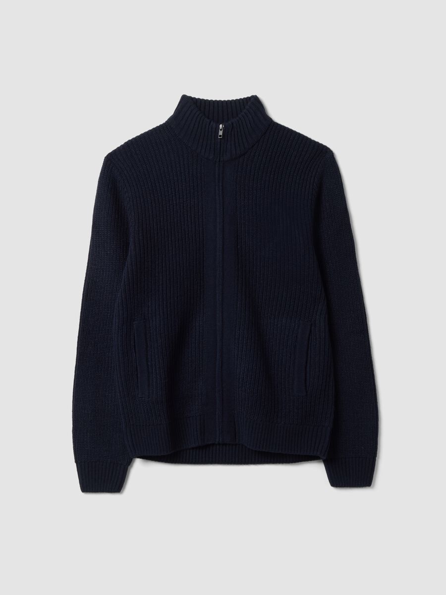 Navy rib-knit cardigan with collar and zip, regular fit_0