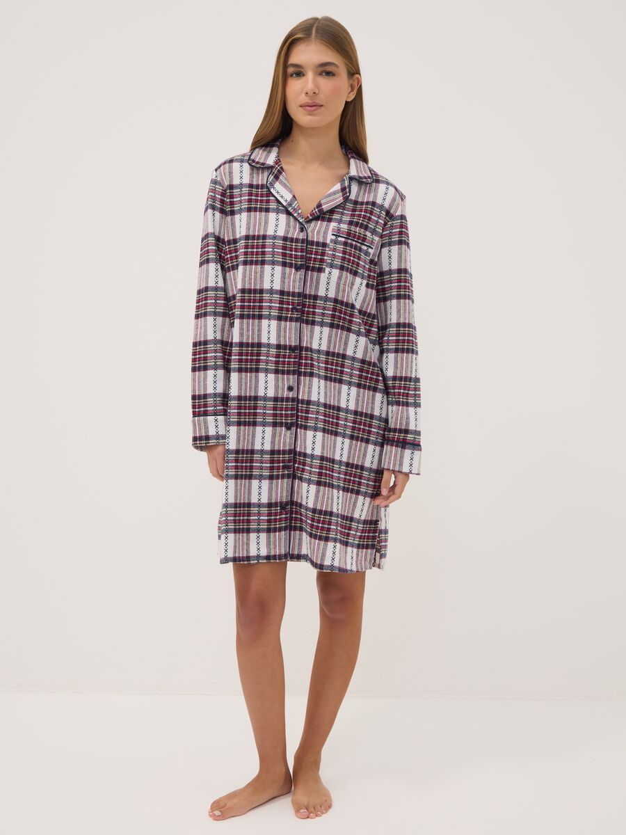 Camicia da notte nera a quadri in puro cotone scollo a V_0