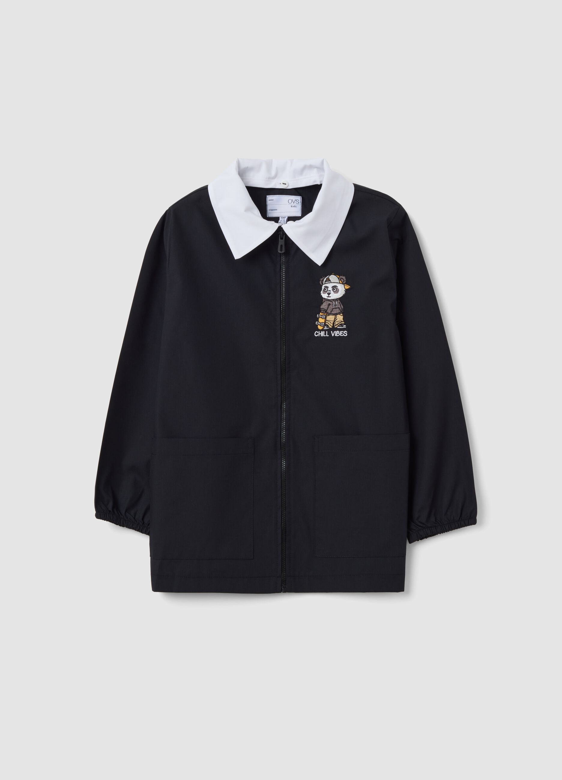 Black school apron with panda embroidery and white collar for boys