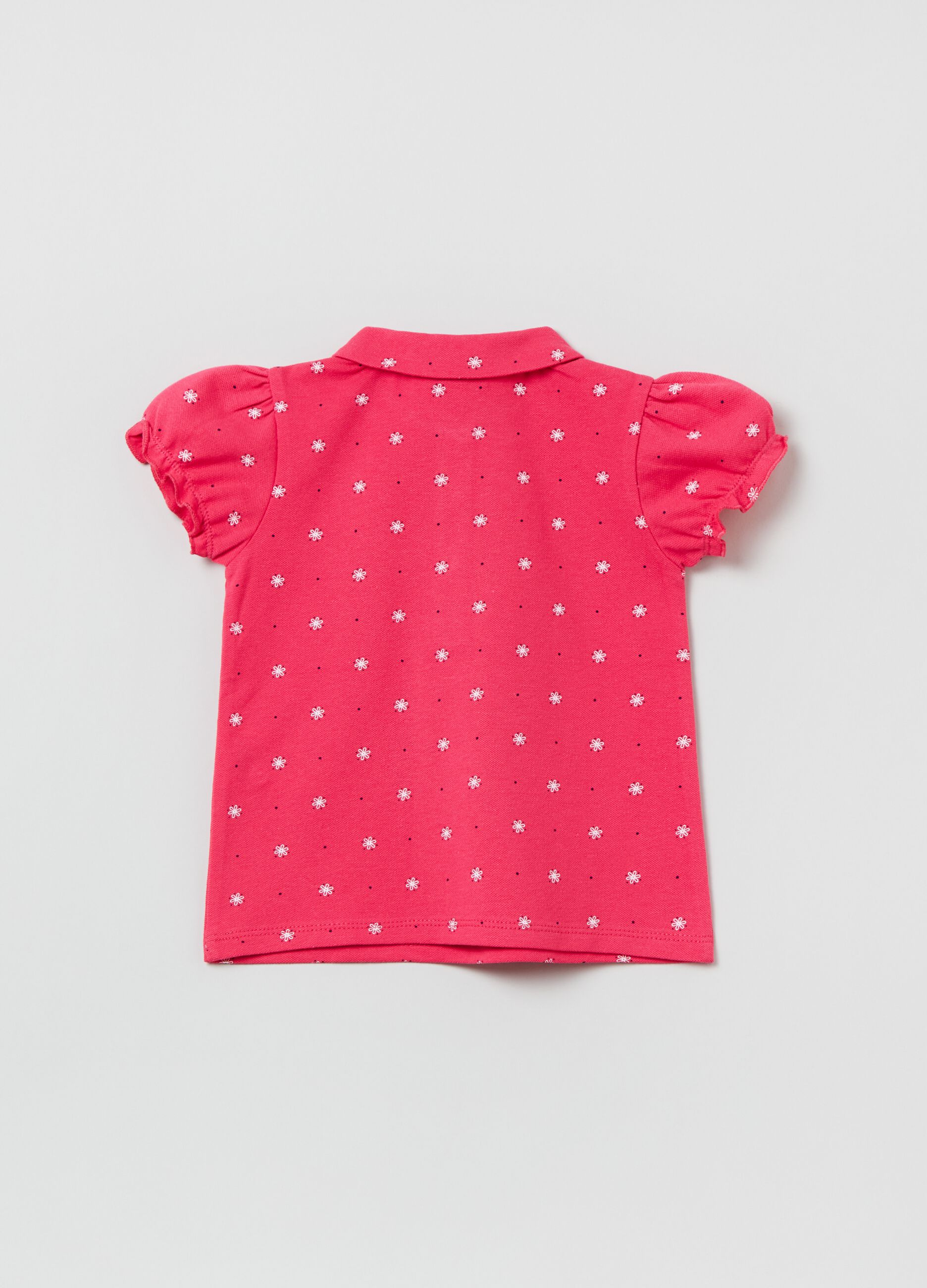 Stretch cotton polo shirt with small flowers print