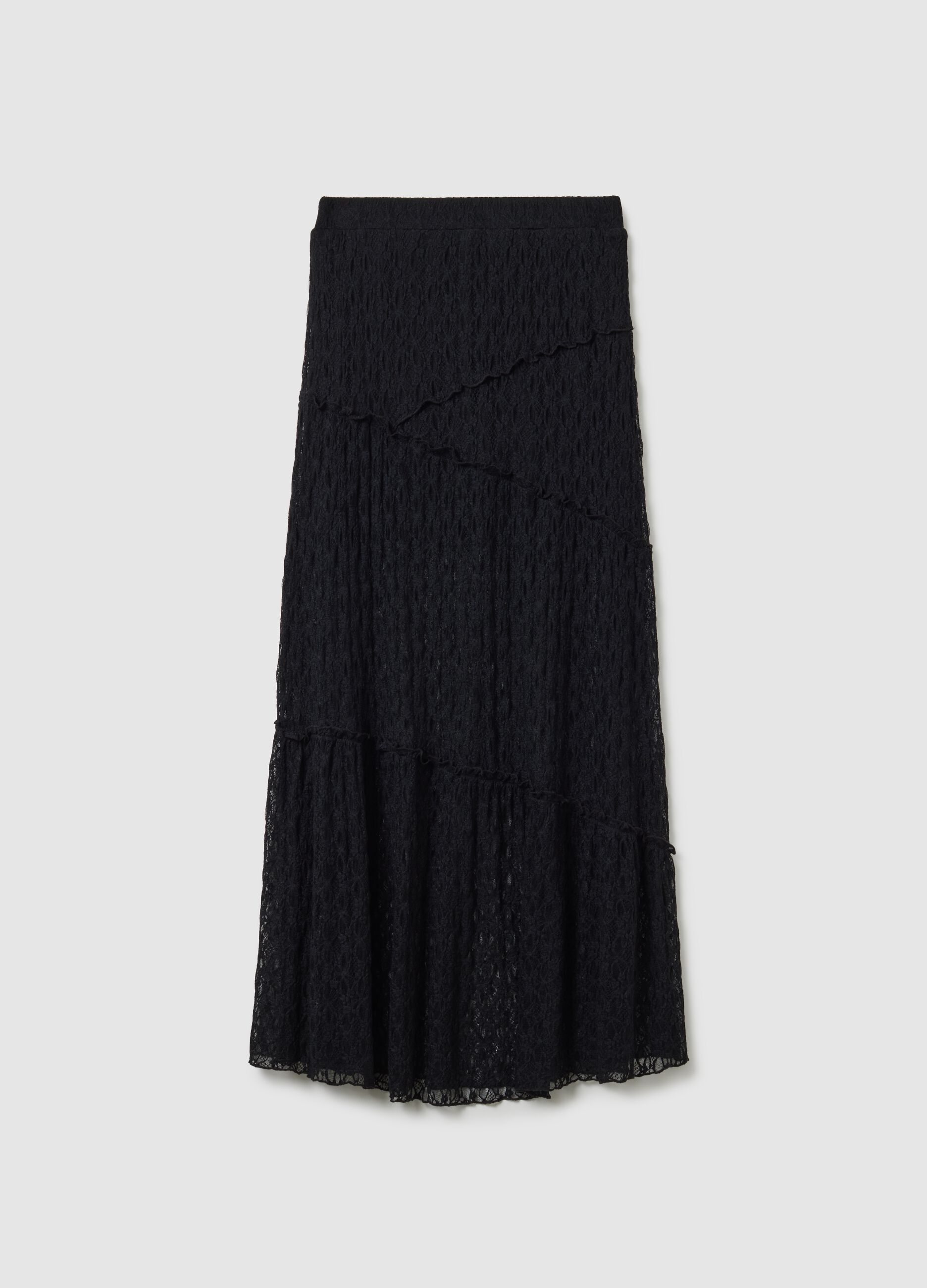 Long black lace skirt with asymmetric design