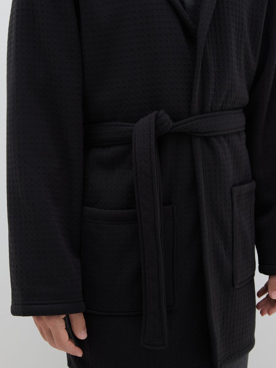 Black Checked Dressing Gown with Hood and Belt_3