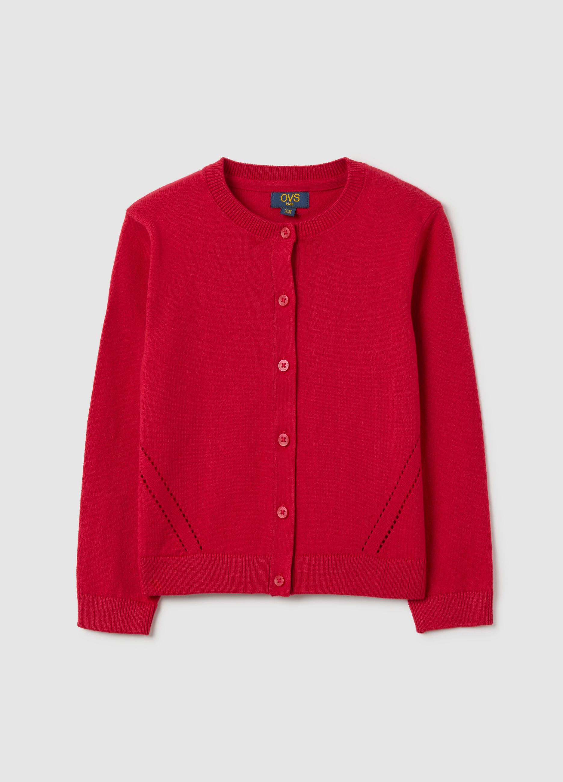 Girls' red regular fit cotton blend cardigan with buttons