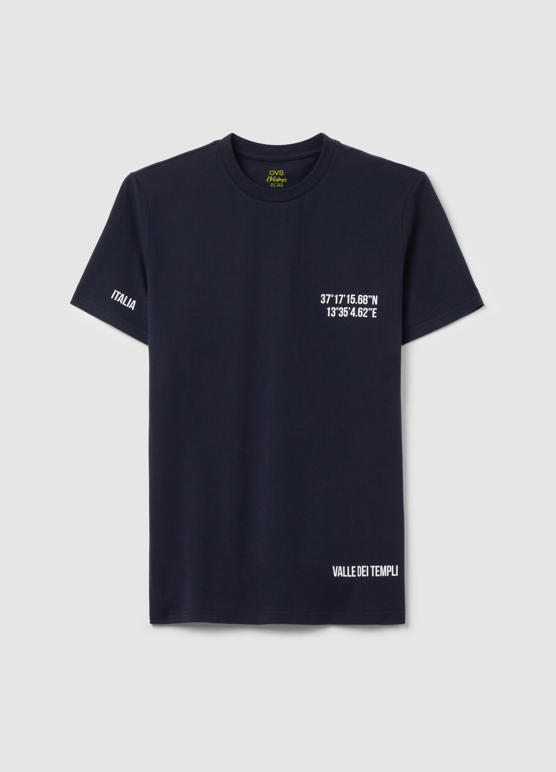 Cotton T-shirt with Valle dei Templi coordinates print