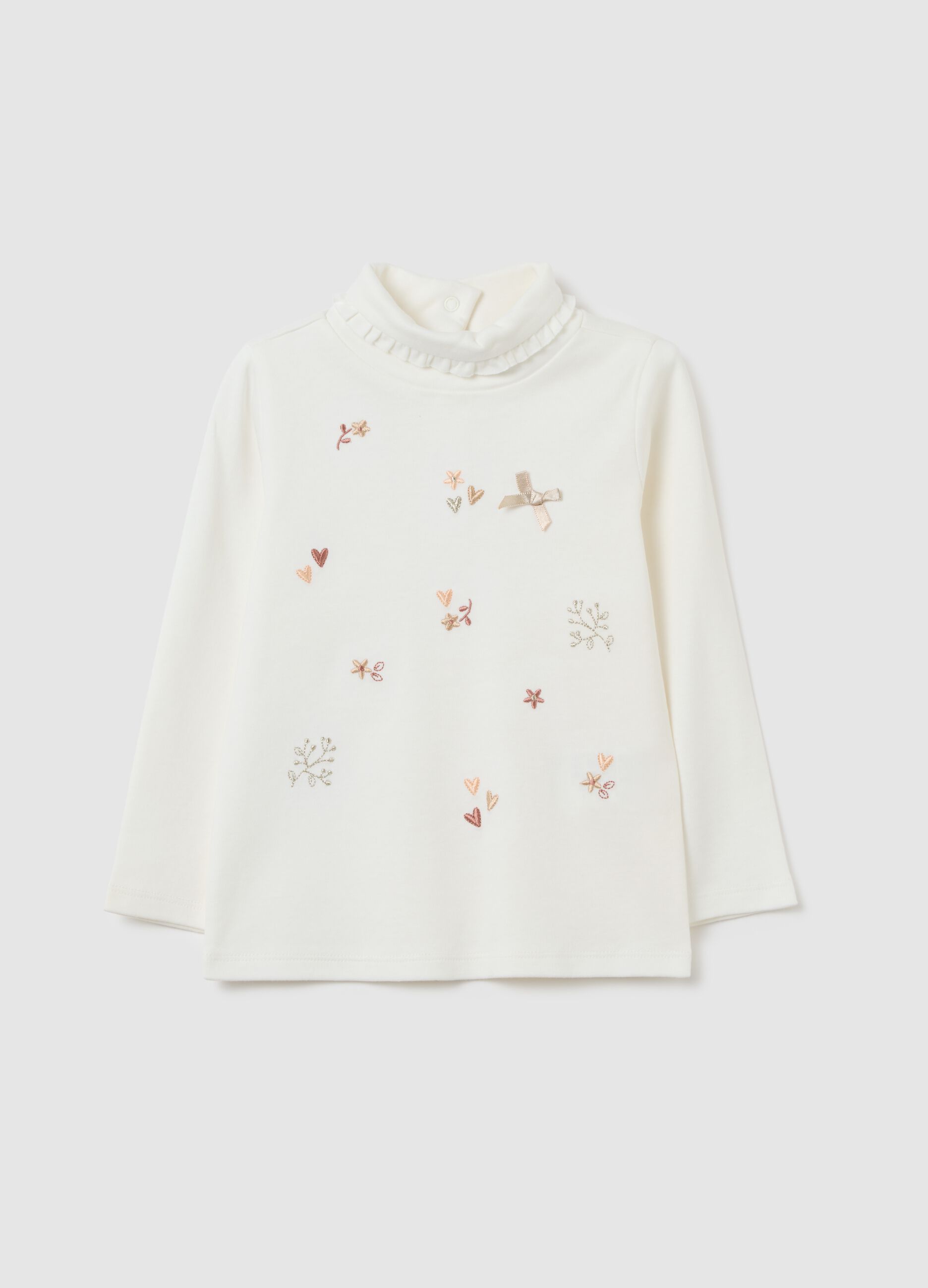 Girls' white pure cotton regular fit T-shirt with ruffles