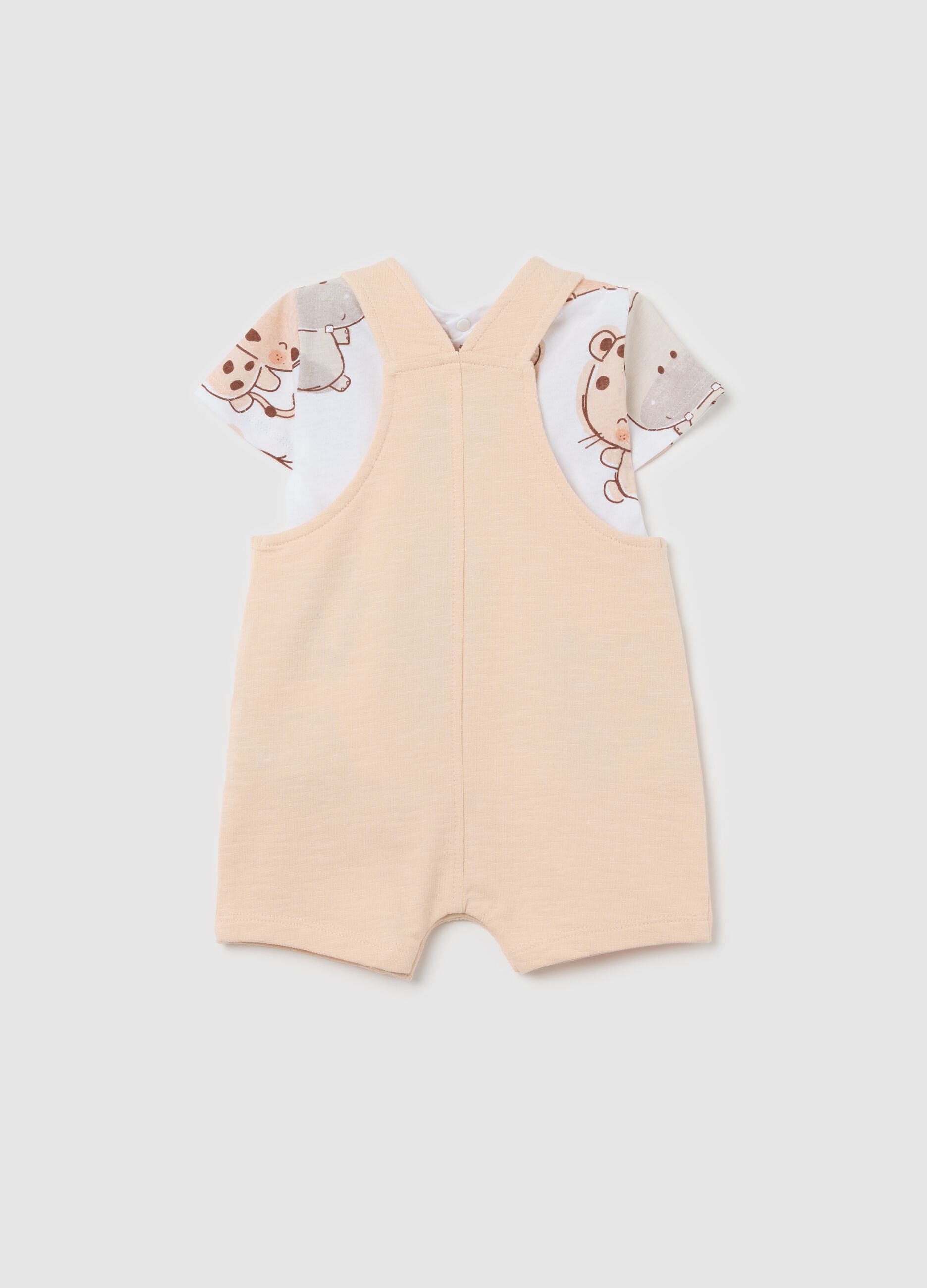 White and pink cotton dungarees and T-shirt with print