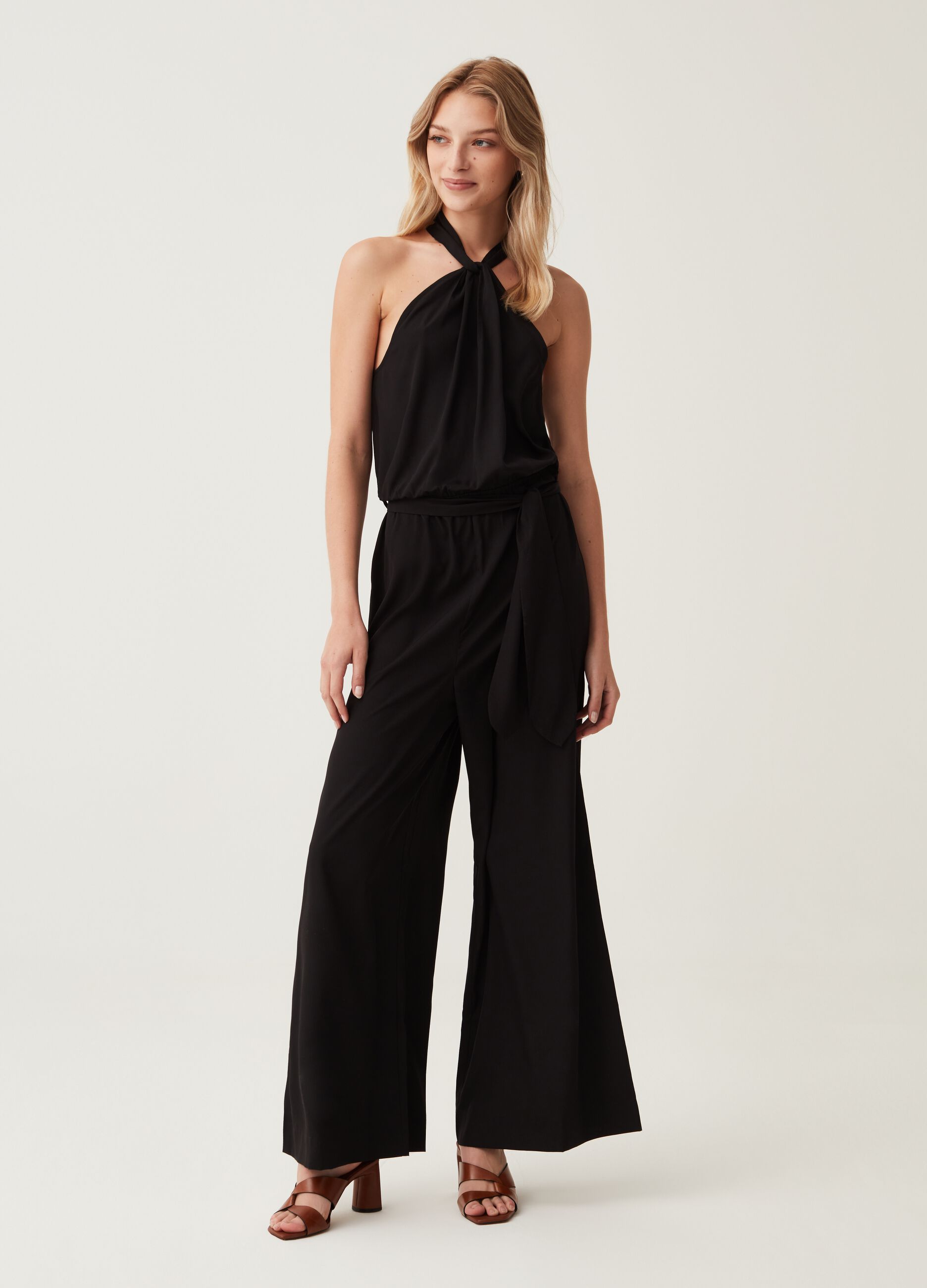 Satin jumpsuit with halterneck