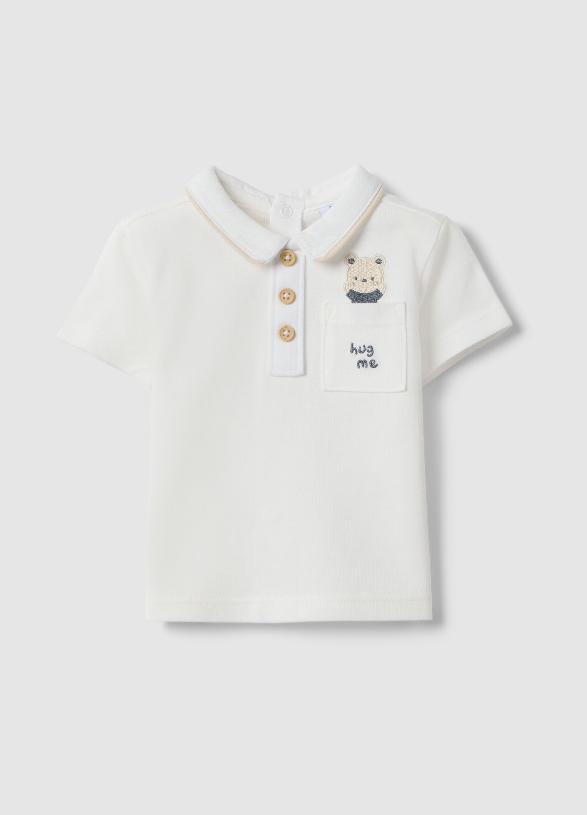 White pure cotton polo shirt for newborns with regular fit and embroidery