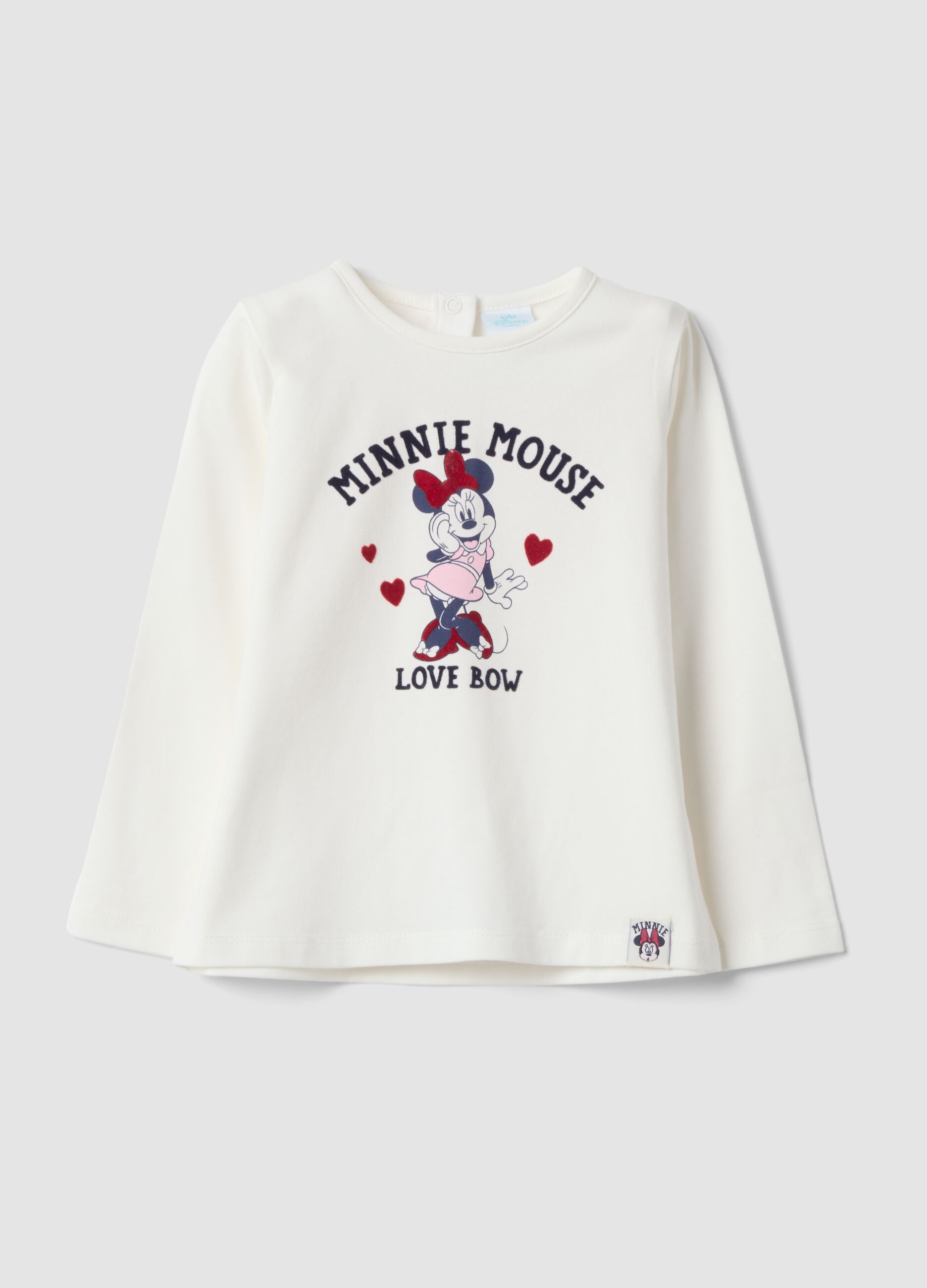 Maglia bianca in cotone organico elasticizzato con stampa Minnie