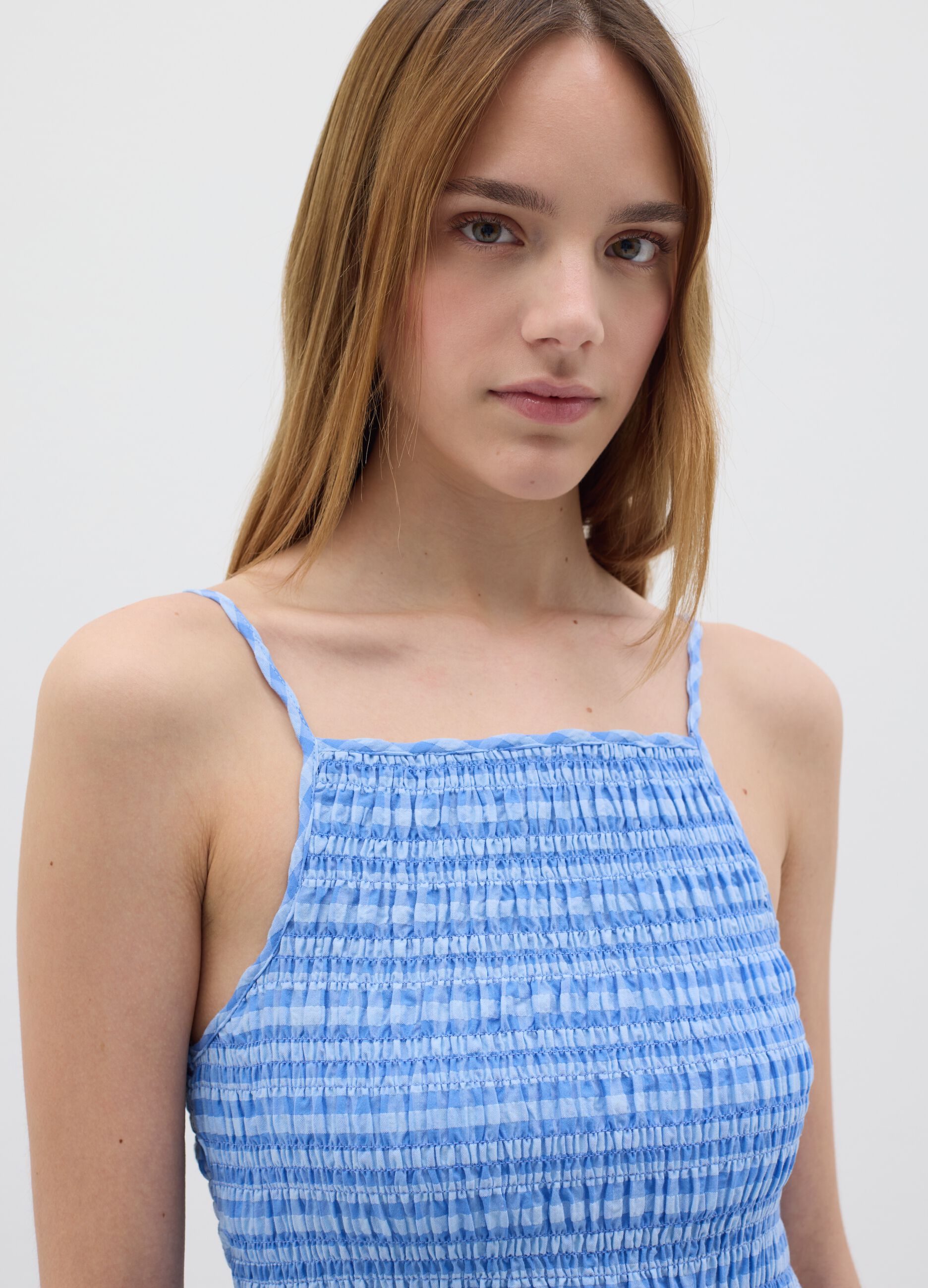 Abito lungo da donna in misto cotone azzurro a quadri wide fit