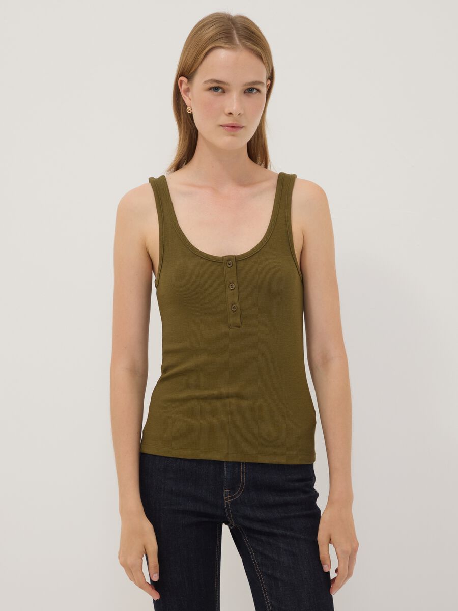 Tank top verde in cotone elasticizzato con bottoni regular fit_0