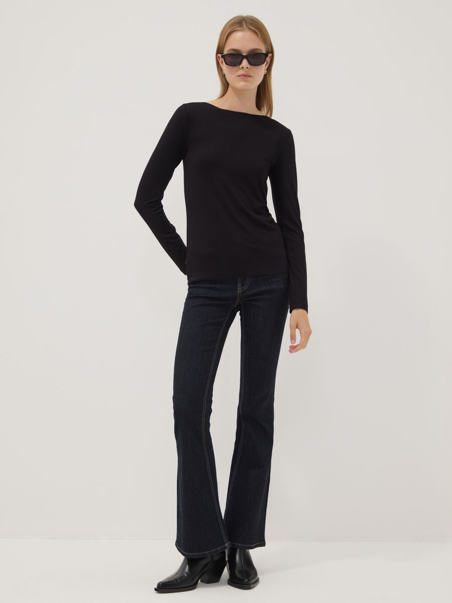 Jeans blu flare in cotone elasticizzato_0