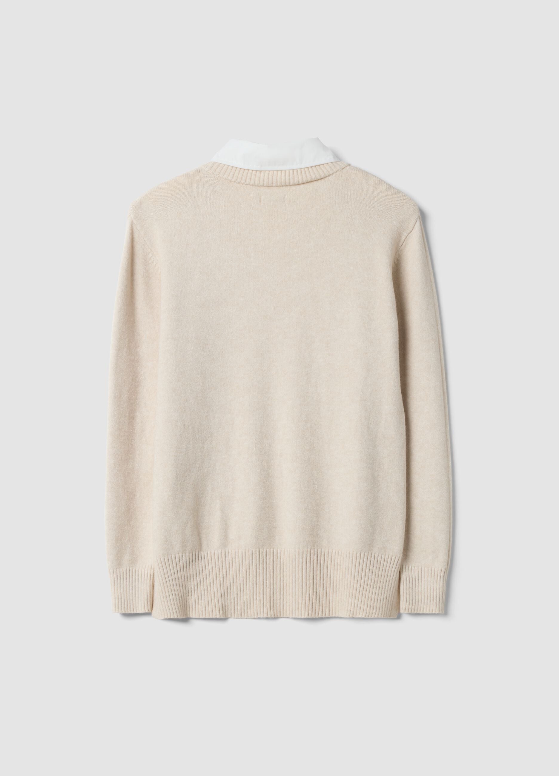 Beige viscose-blend knit top with shirt collar
