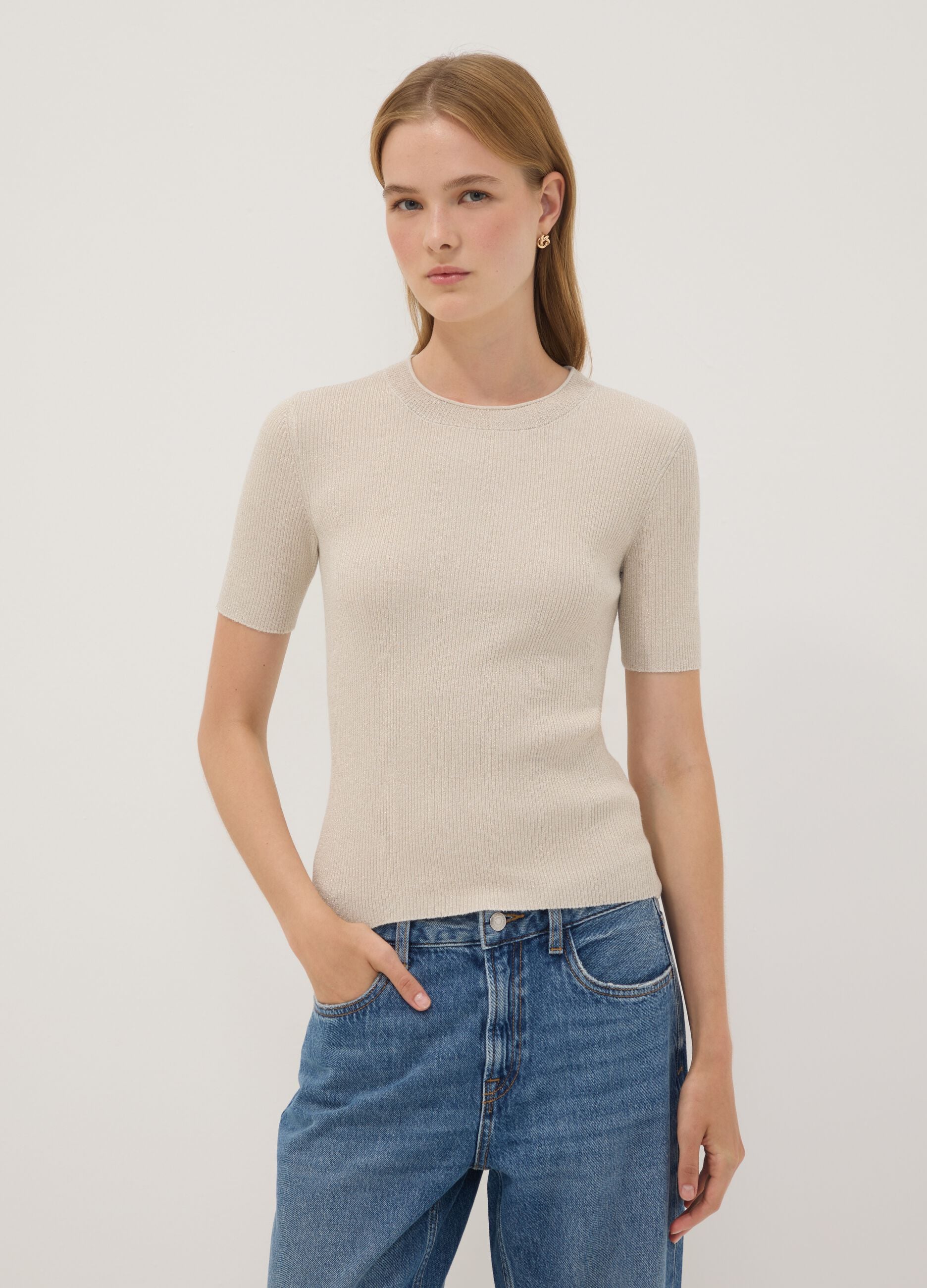Beige fitted ribbed viscose-blend knit top