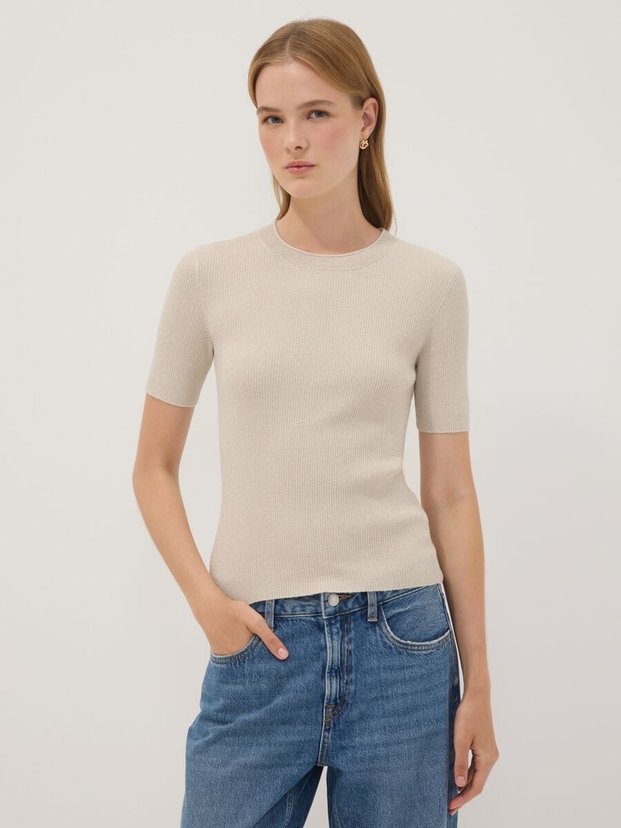 Beige fitted ribbed viscose-blend knit top_1