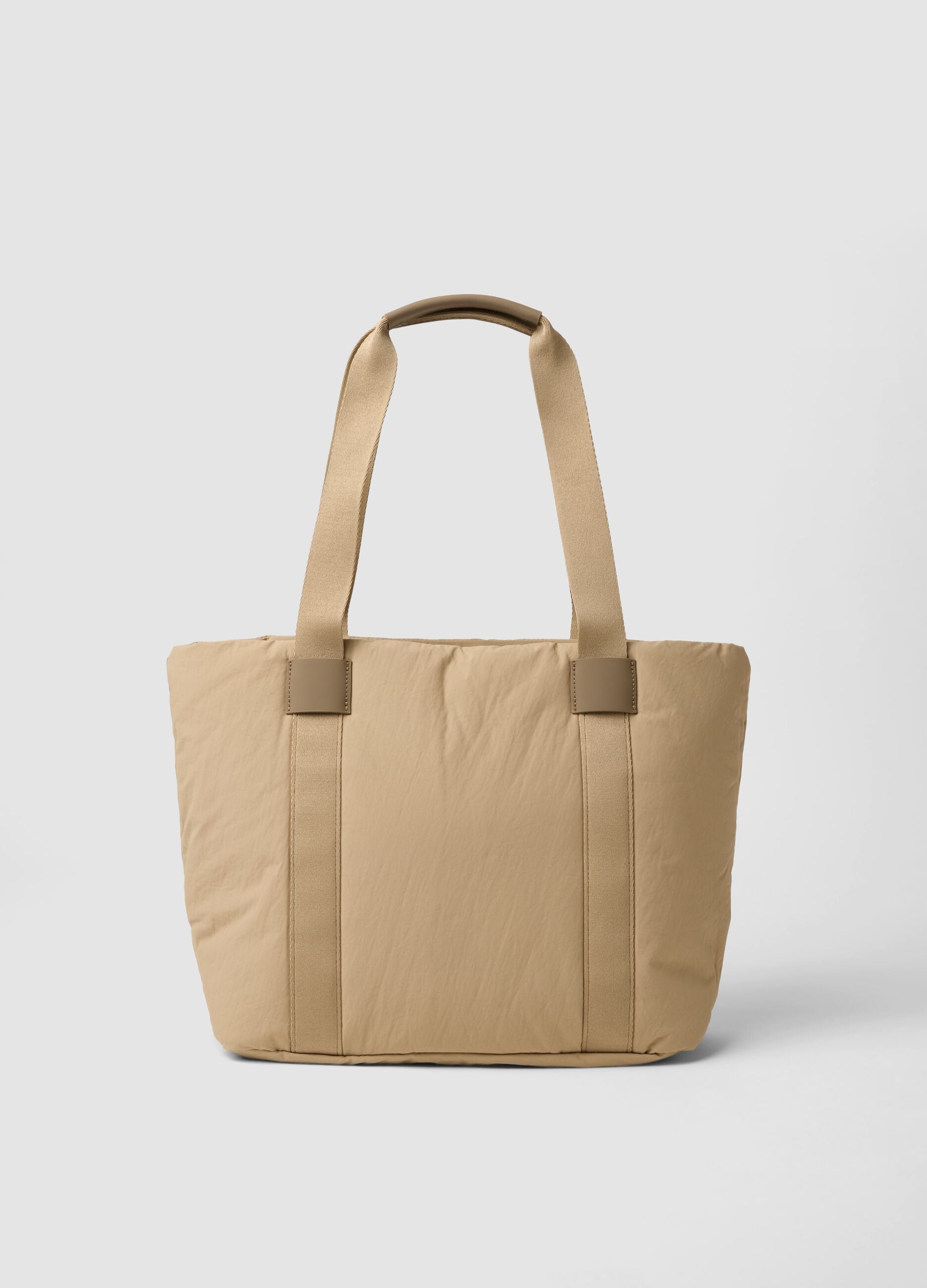 Borsa shopper beige con tasca esterna arricciata