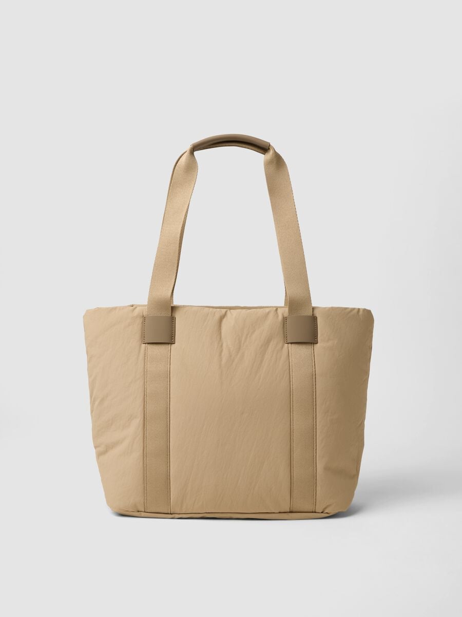 Borsa shopper beige con tasca esterna arricciata_2