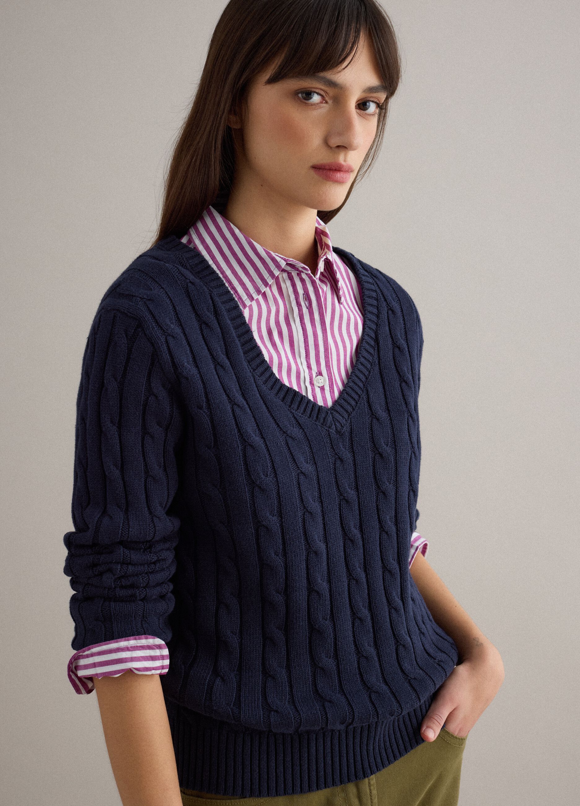 Blue pure cotton regular fit pullover with cable knit