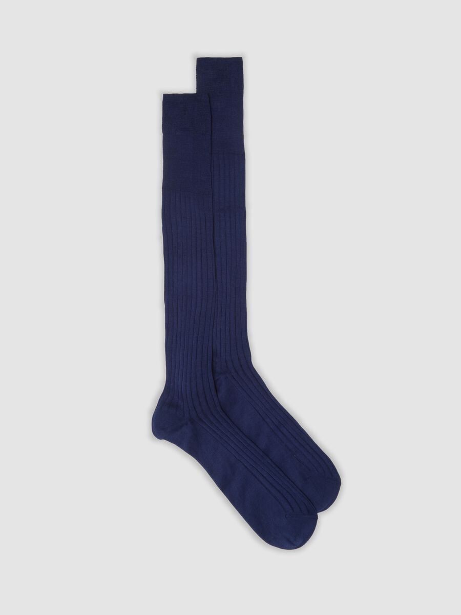 Long blue ribbed socks in pure cotton_0