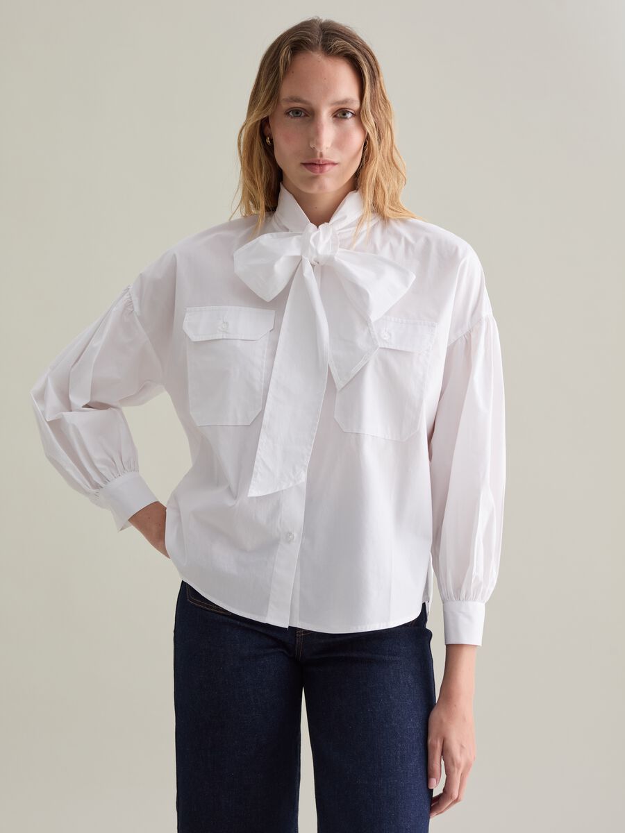 Cotton shirt with bow scarf_0