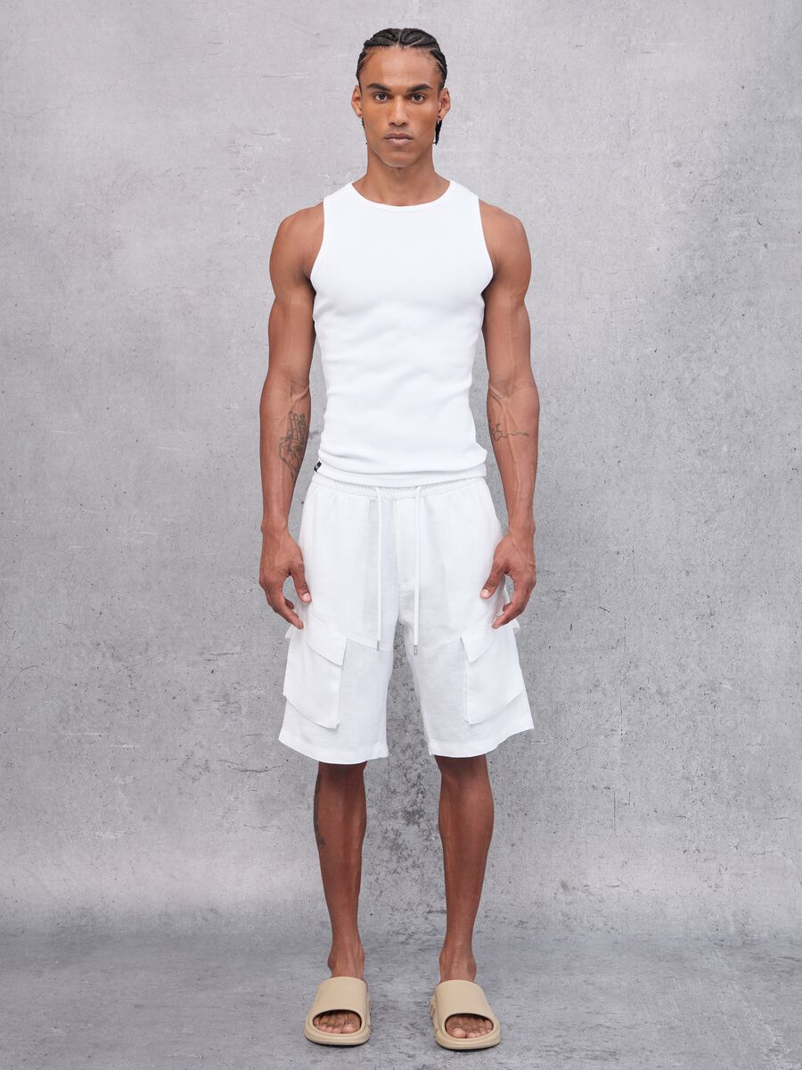100% Linen Cargo Shorts White_1