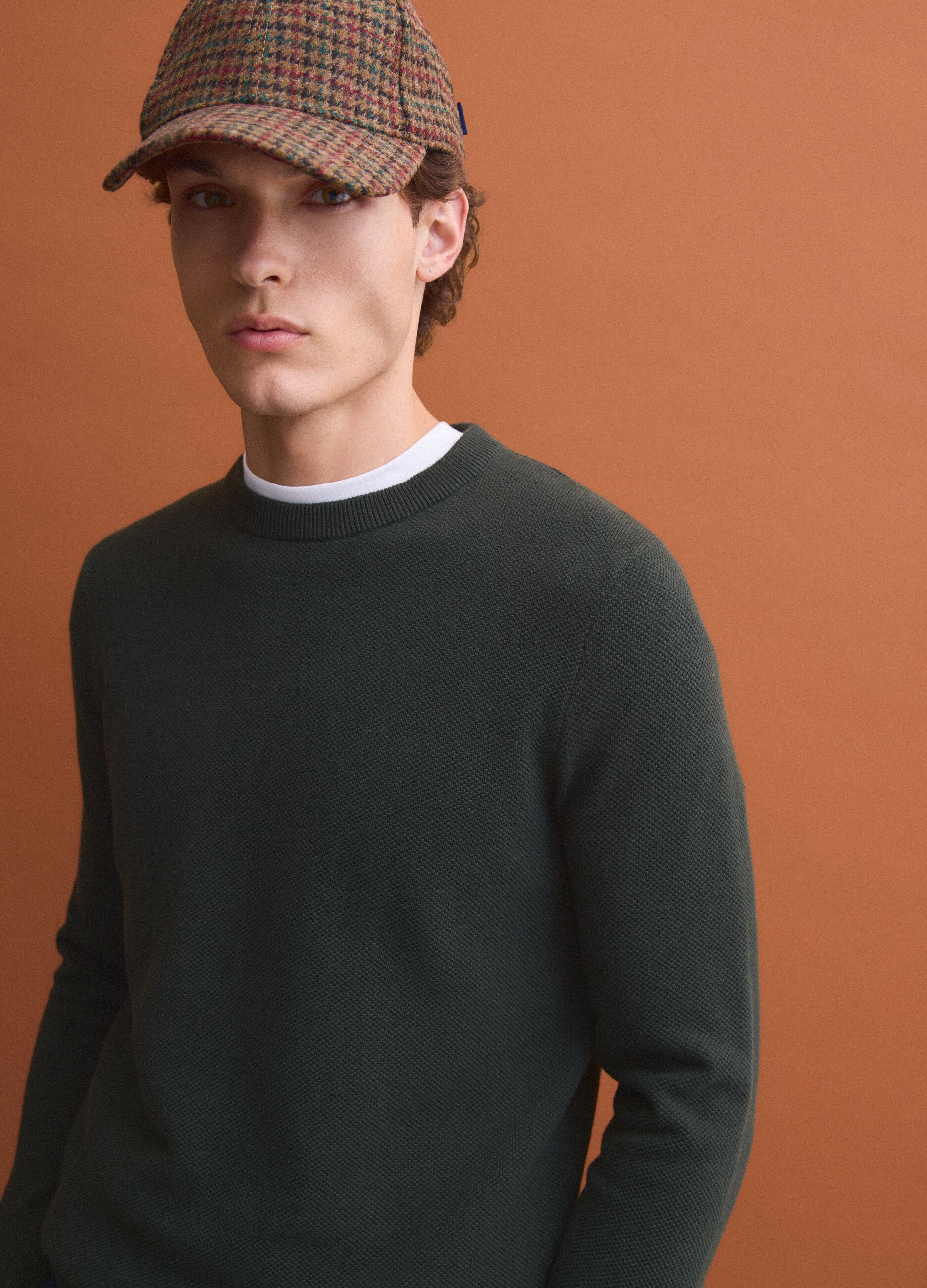 Green pure cotton crew-neck jumper, regular fit