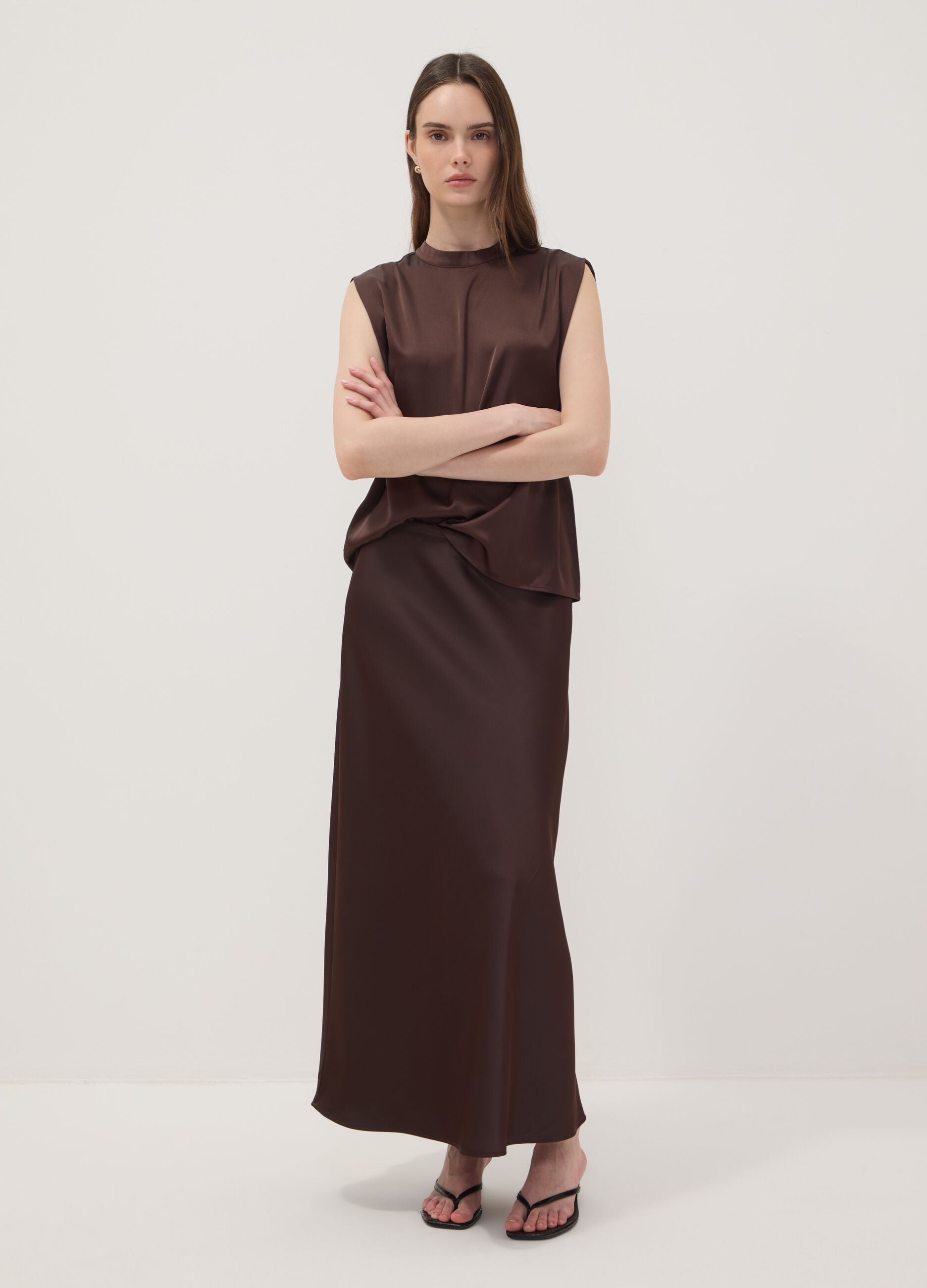 Brown satin maxi skirt with elasticated waistband