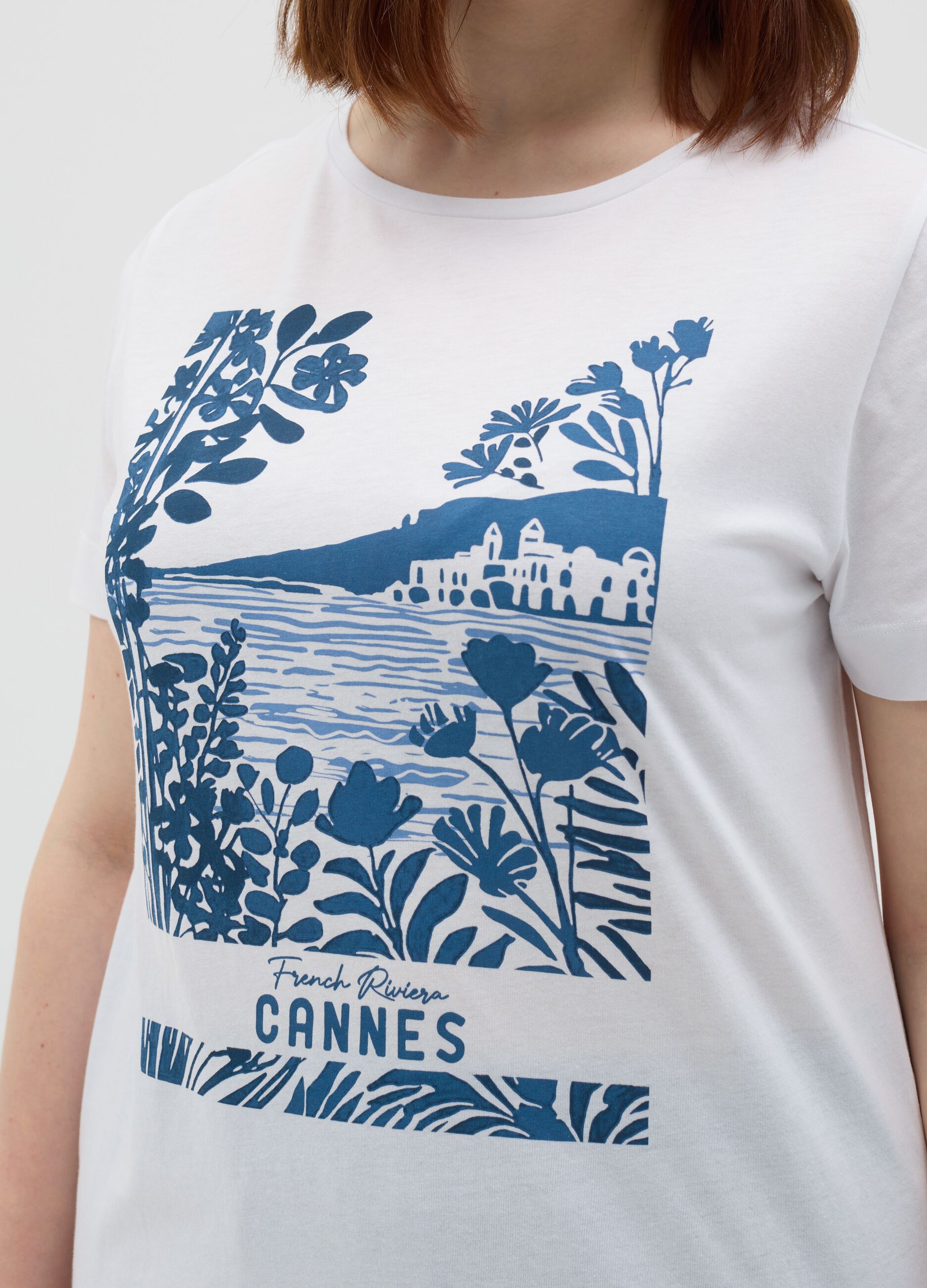 White T-shirt with blue Cannes print