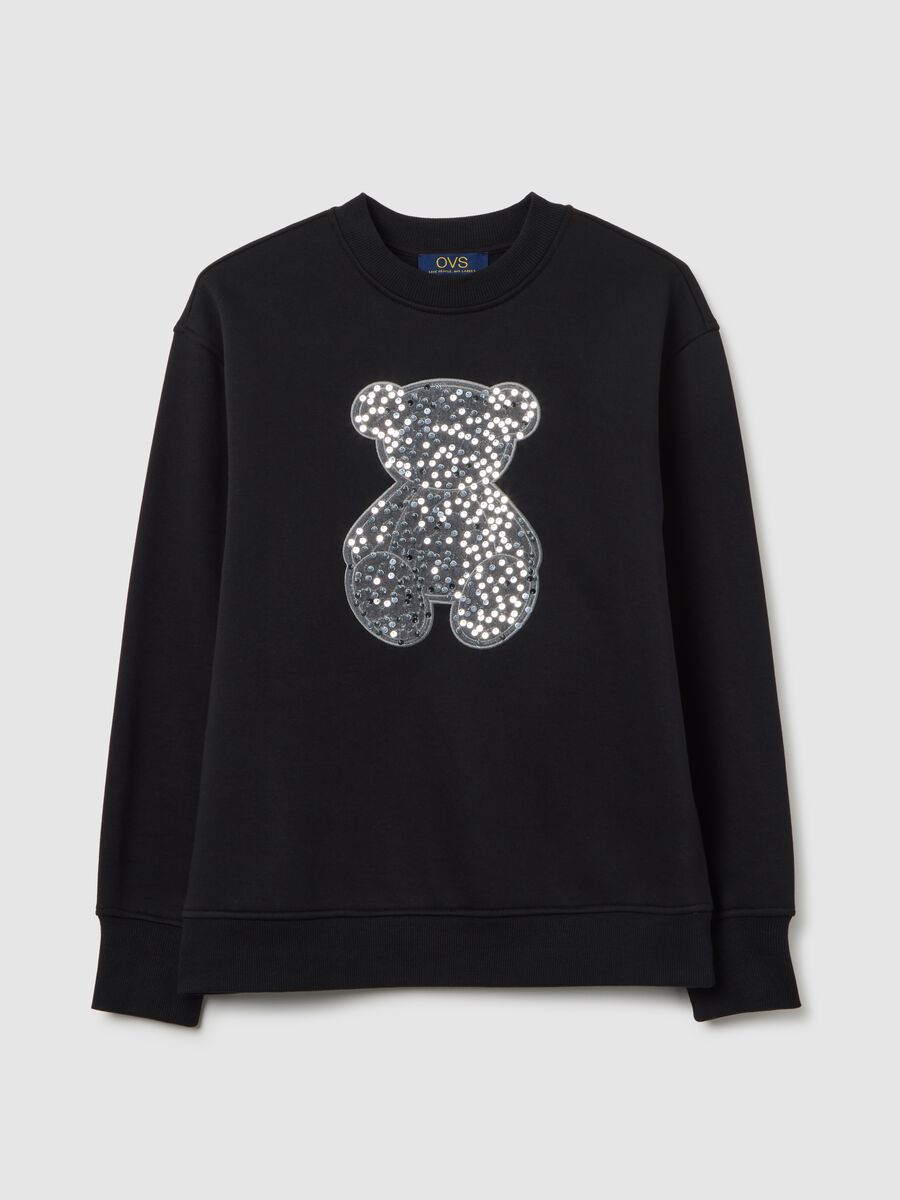 Felpa nera  in misto cotone relaxed fit con orsetto glitterato_4