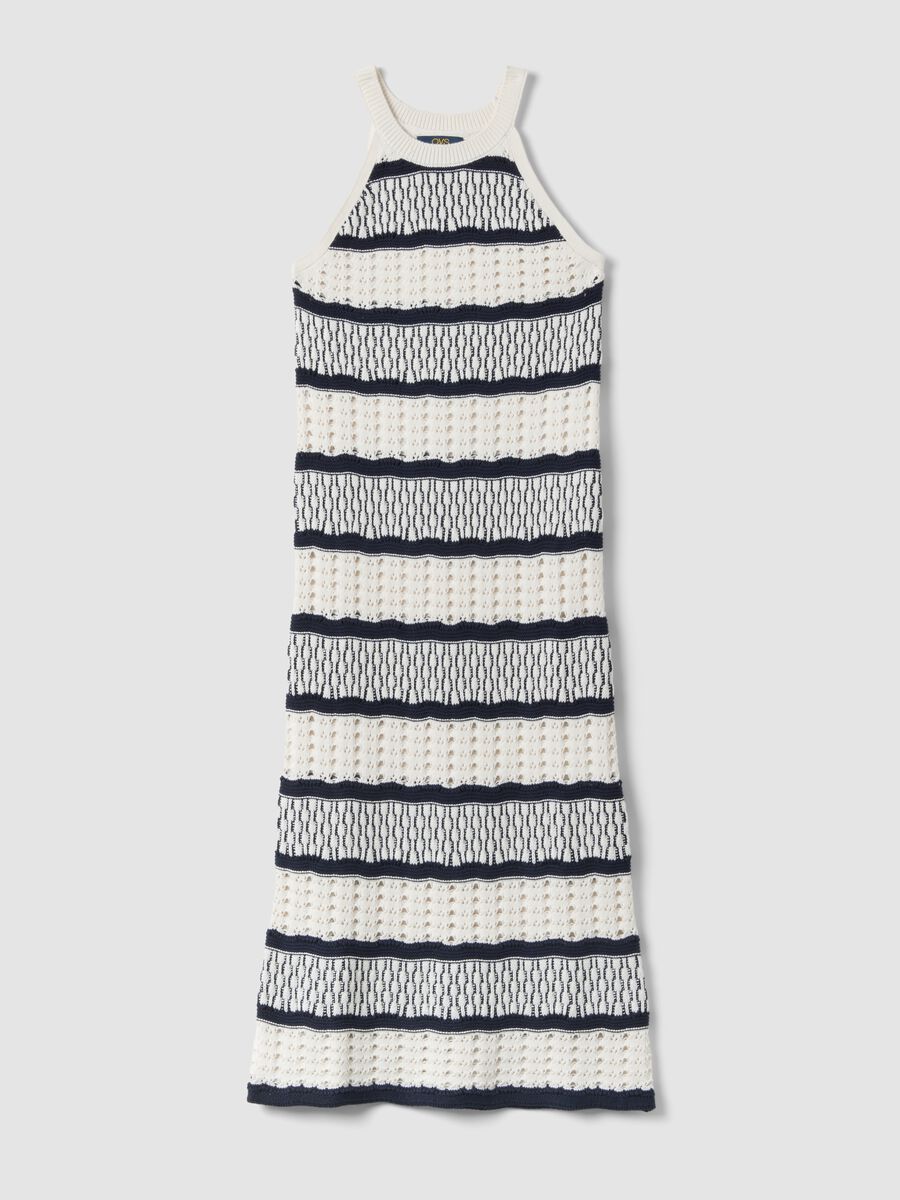 Fitted maxi dress in pure cotton with openwork knit and multicolour stripes_4