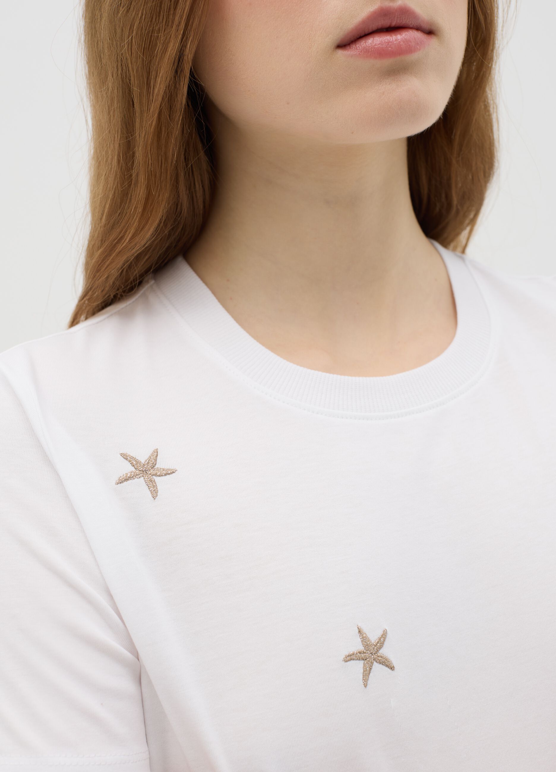 Women's pure cotton white regular fit T-shirt with embroidery