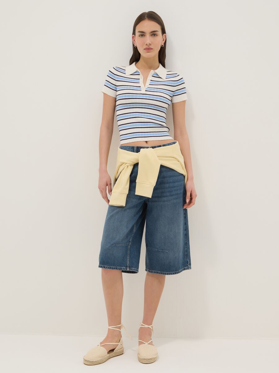 Maglione fitted in misto viscosa a righe multicolor con collo polo_2