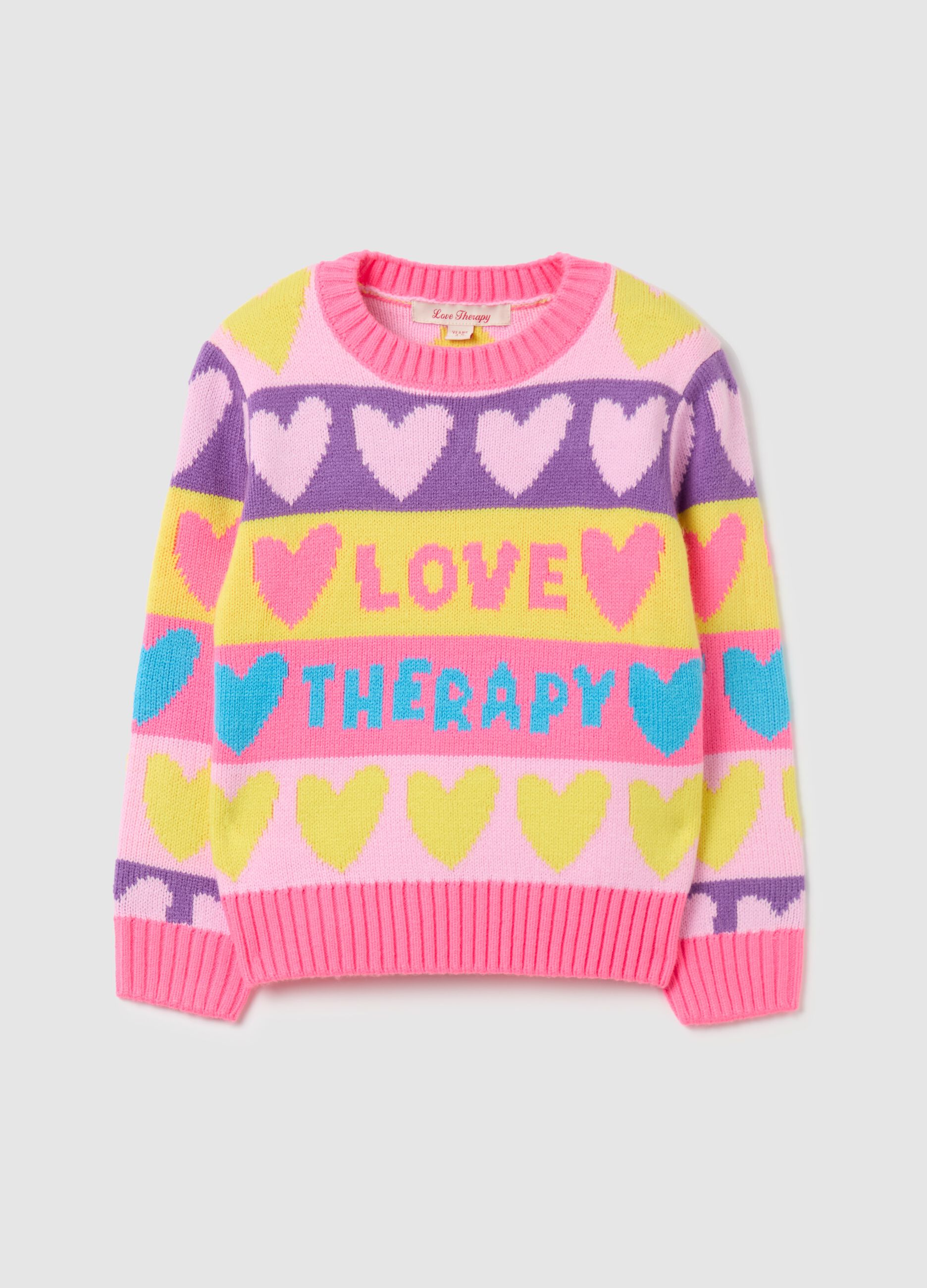 Striped pullover with lettering and hearts