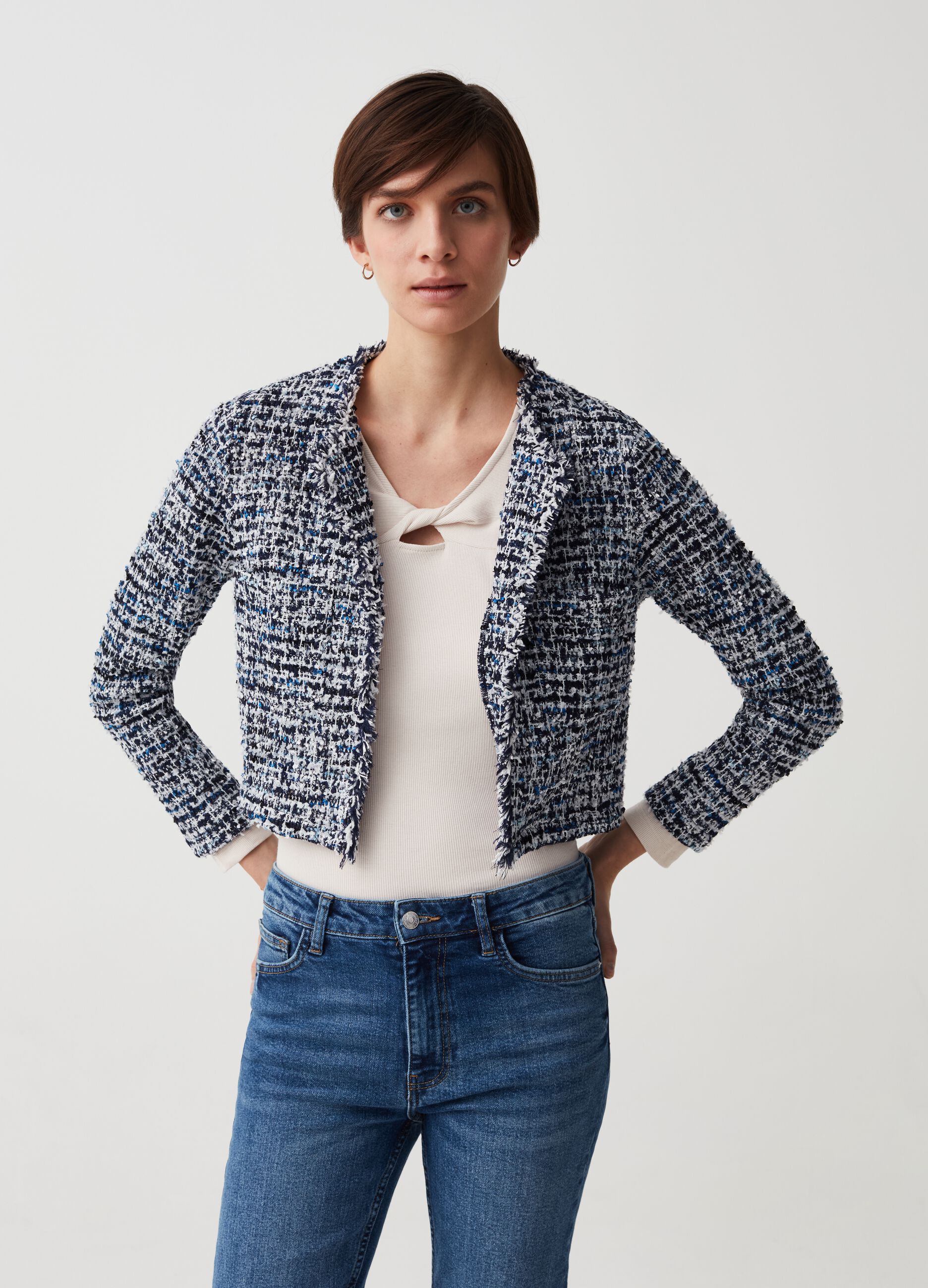 Frayed cardigan jacket in tweed