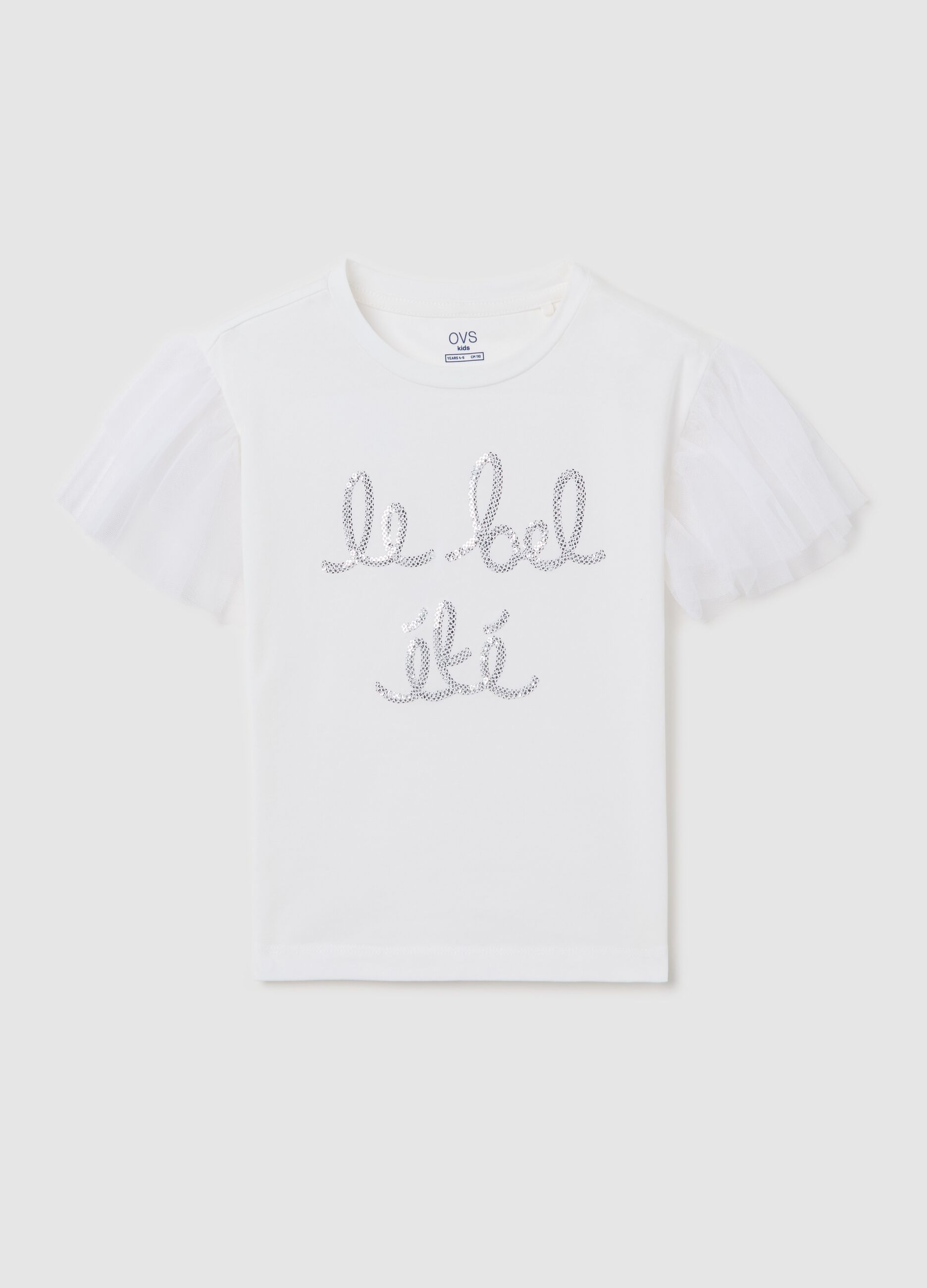 White stretch cotton T-shirt with sequins