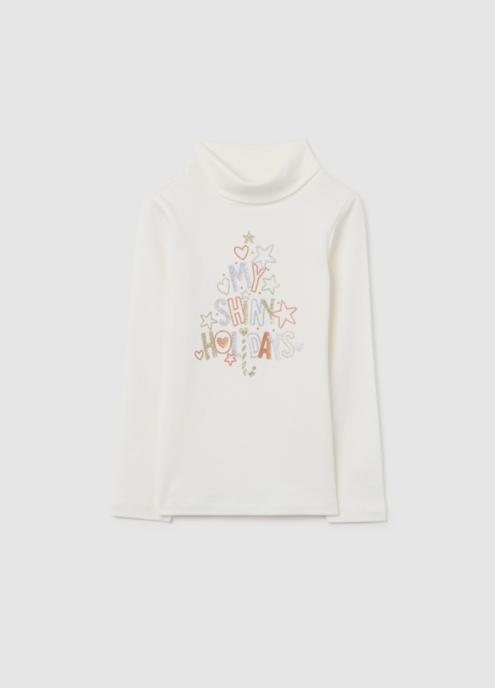 Girls' white cotton regular fit top with glitter print