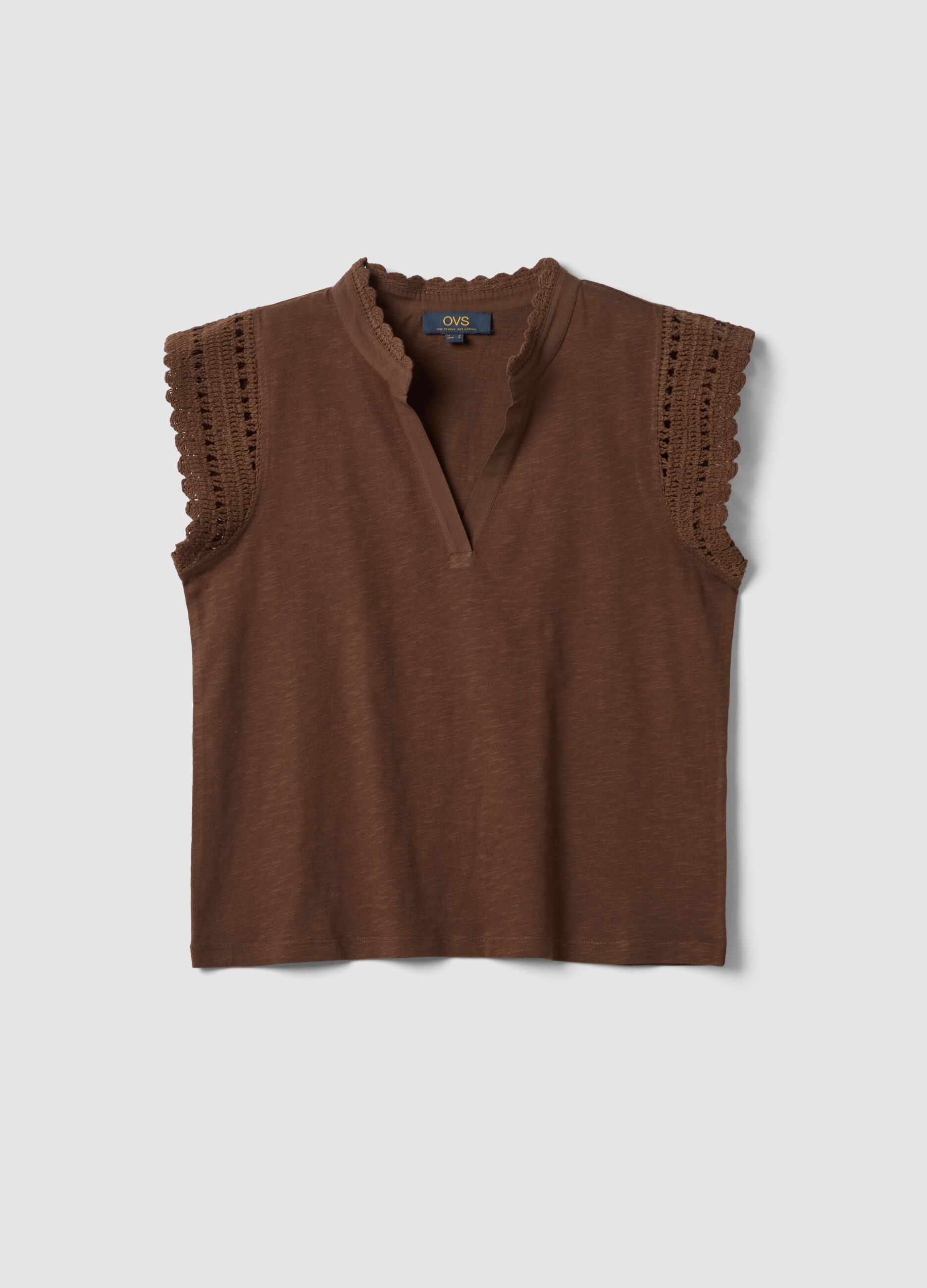 Brown pure cotton T-shirt with crochet details, regular fit