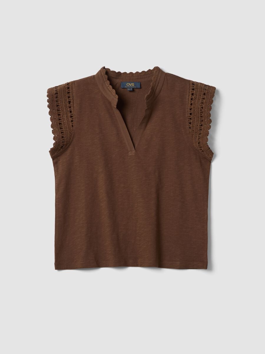 Brown pure cotton T-shirt with crochet details, regular fit_0