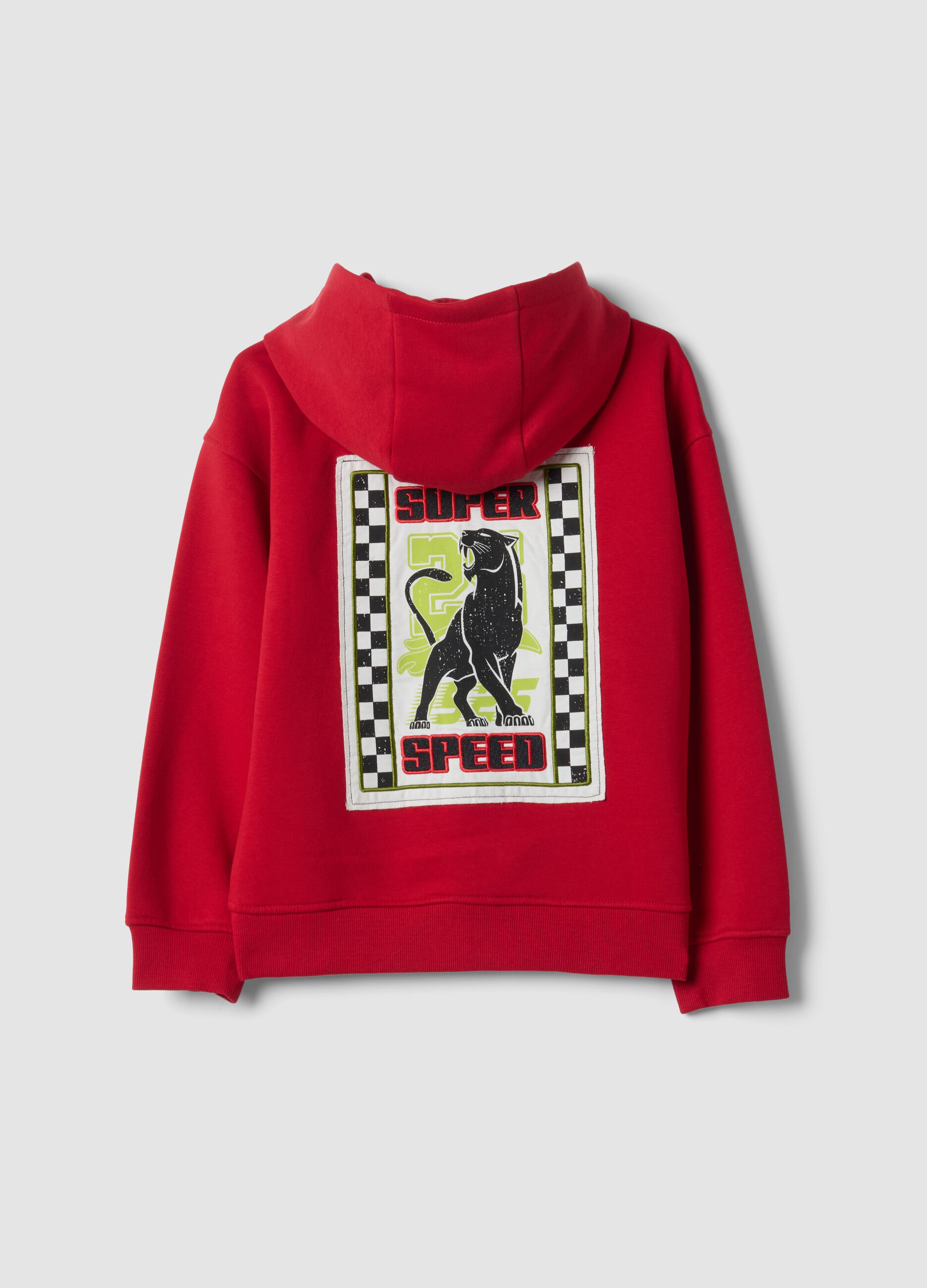 Red cotton-blend hoodie with racing print, relaxed fit