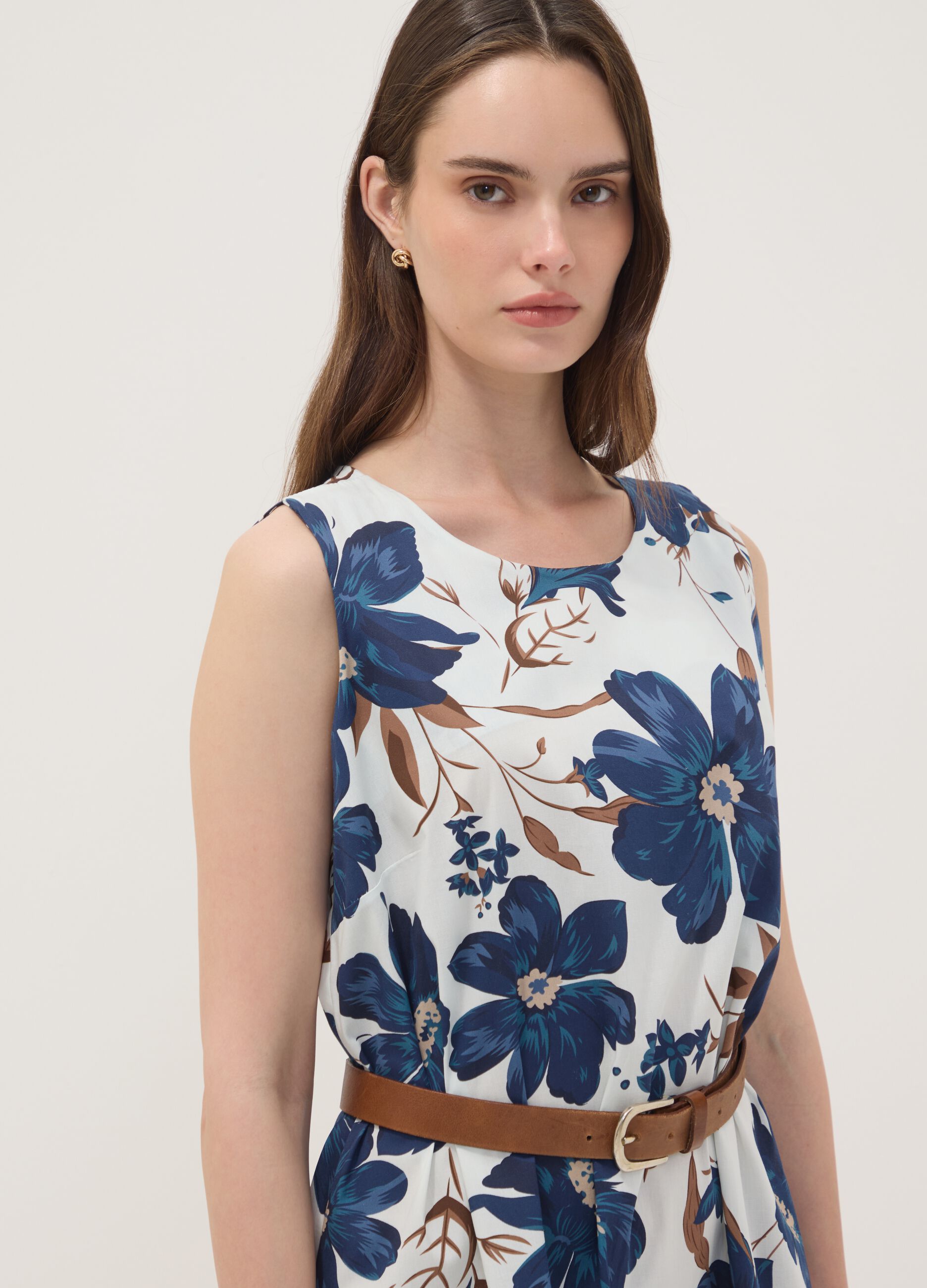 White stretch cotton dress with floral print, regular fit
