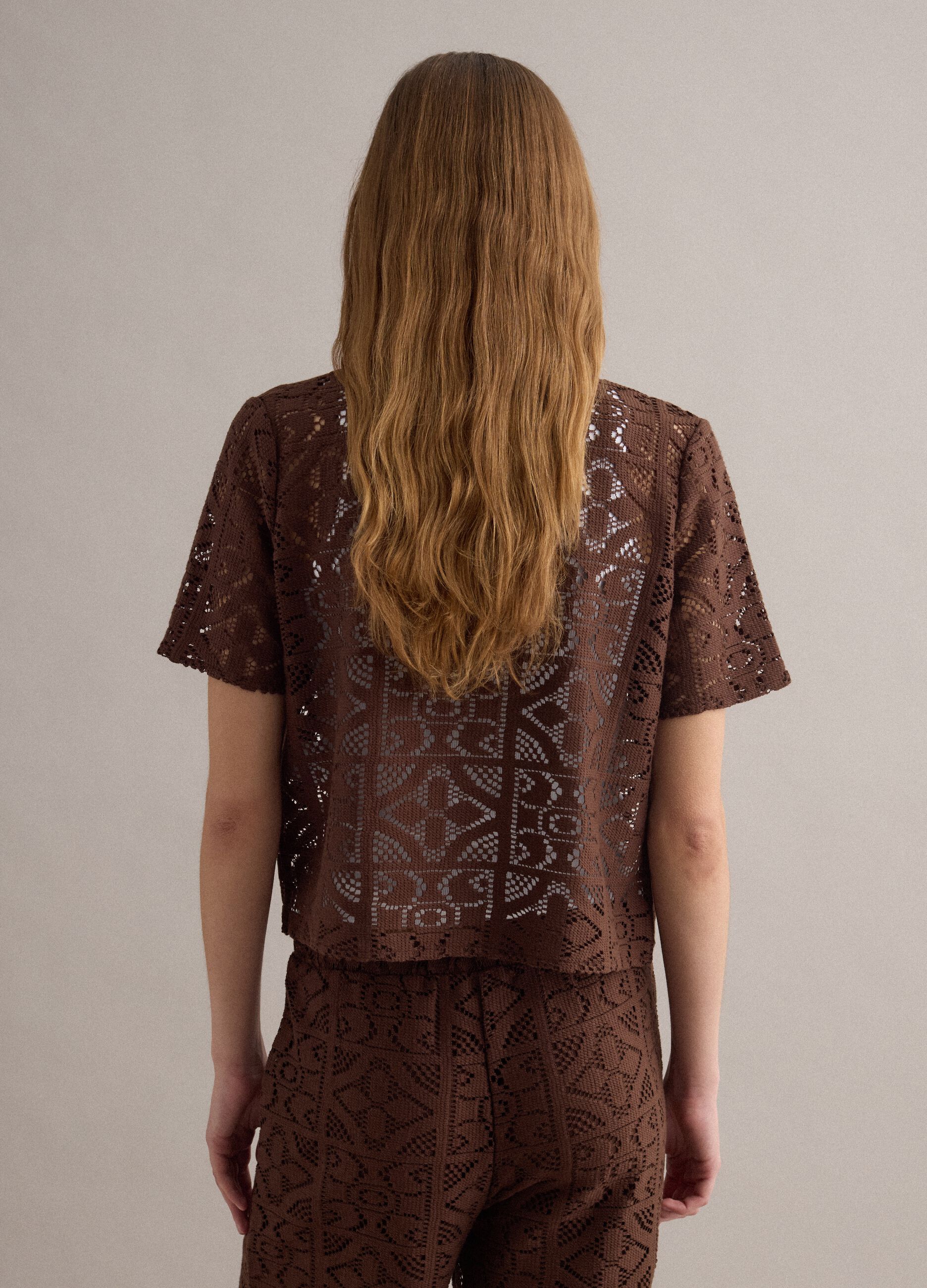 Brown open-knit short-sleeve polo shirt, regular fit