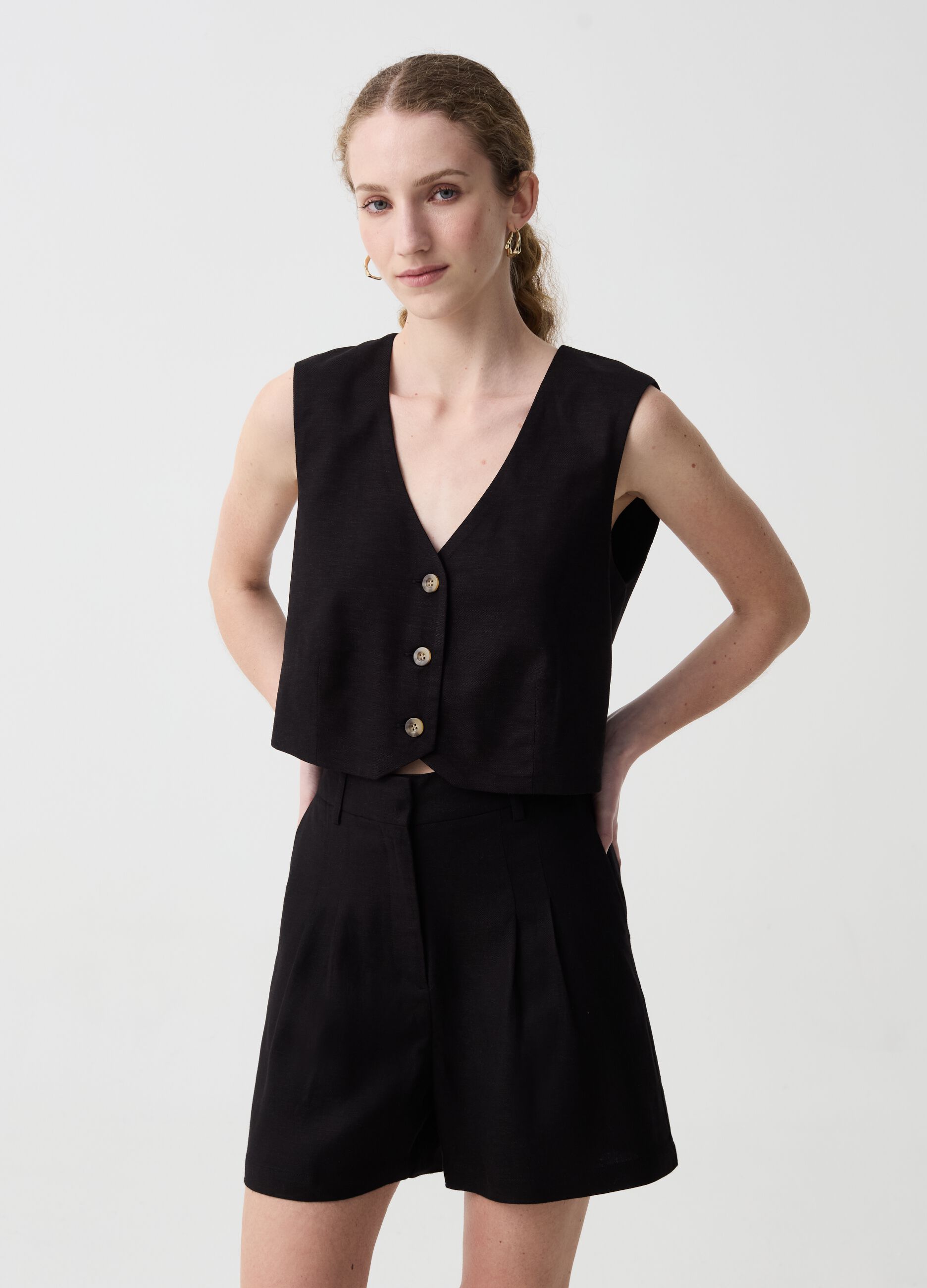 Ovs Gilet in viscosa e lino con scollo a V