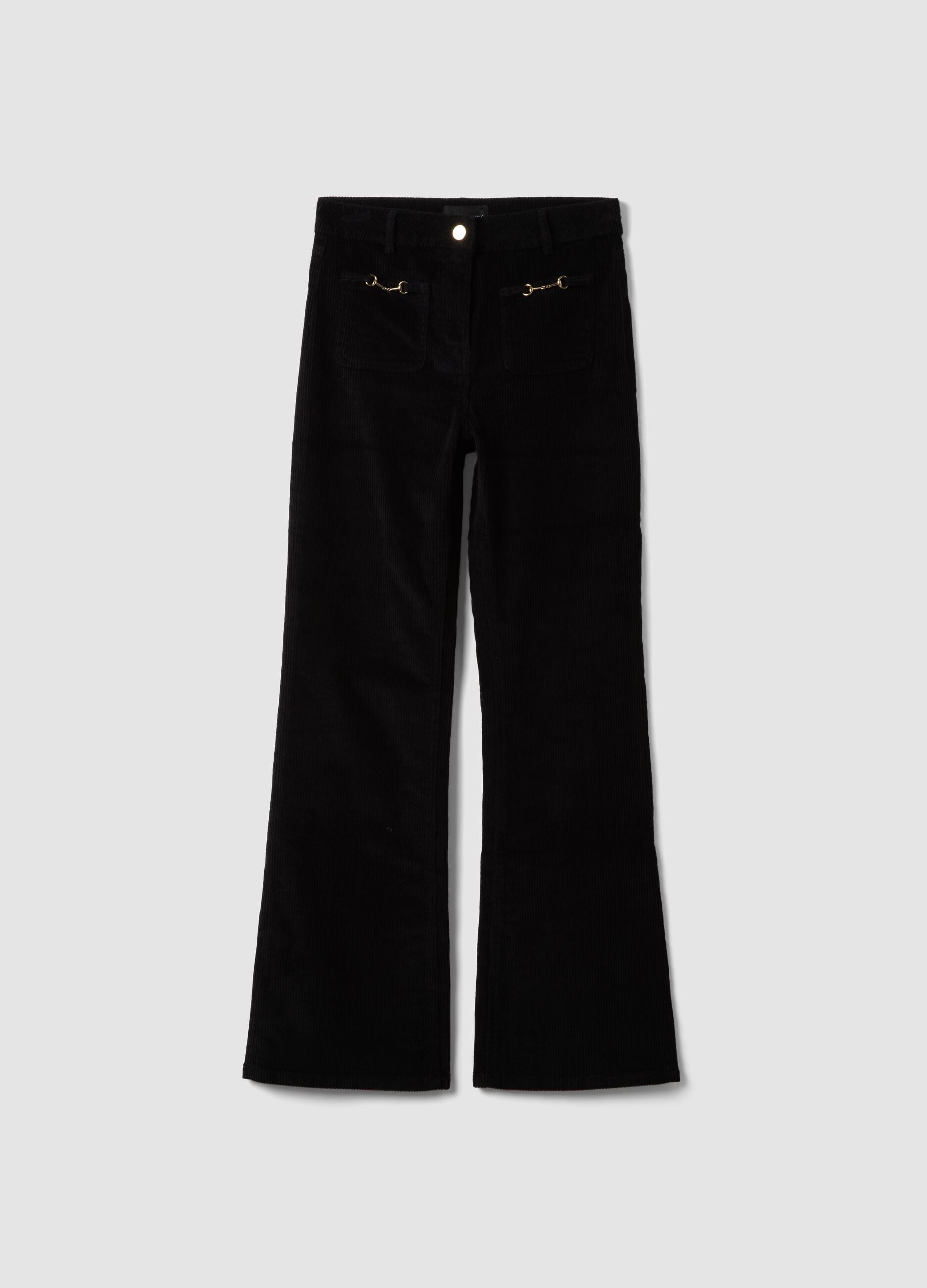 Black ribbed stretch-cotton flared trousers