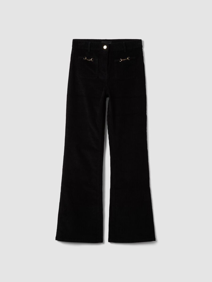 Black ribbed stretch-cotton flared trousers_4